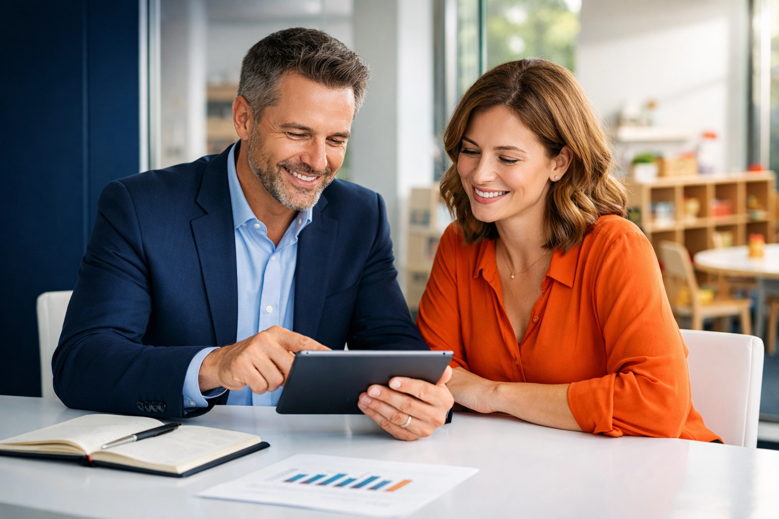 Business advisor and preschool owner reviewing a childcare center appraisal on a digital tablet.