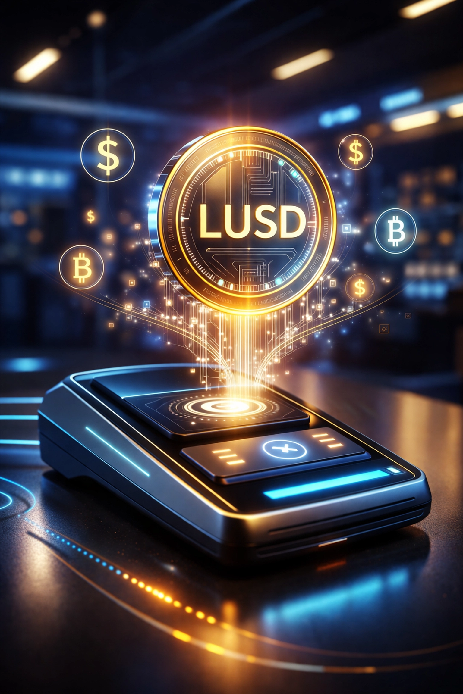 LUSD stablecoin hovering above a digital payment terminal showing secure crypto POS transaction for merchants