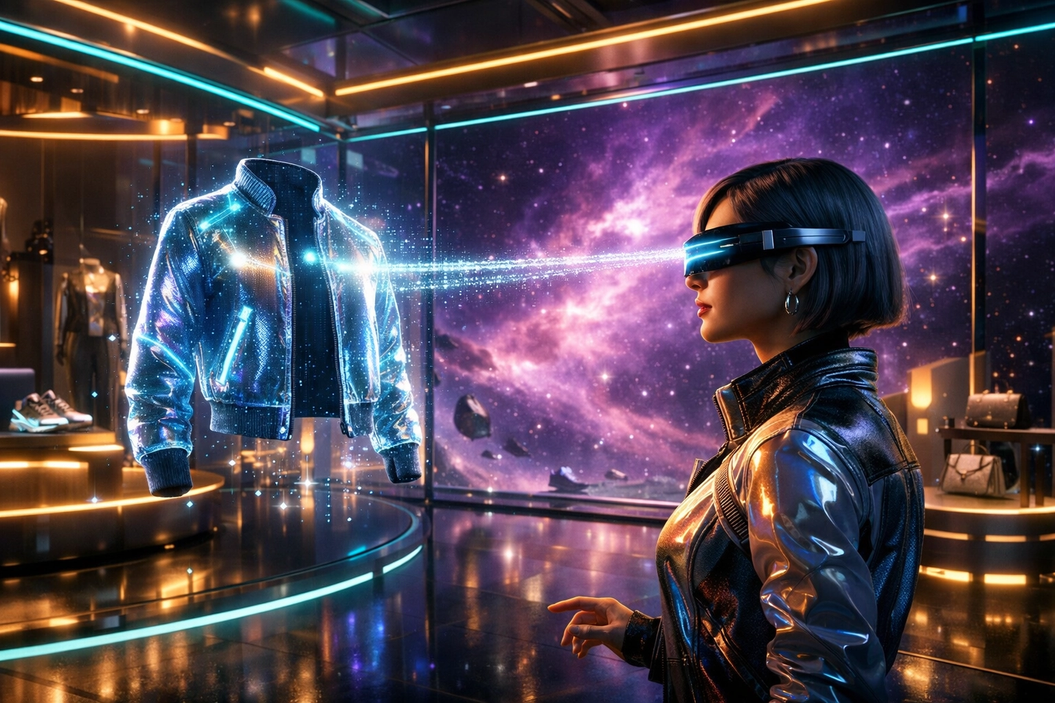 Larecoin.ai AI-driven metaverse shopping with spatial intelligence and predictive commerce in a virtual boutique.