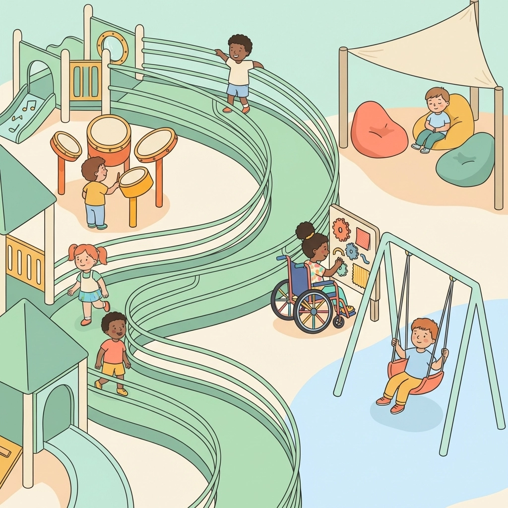 Inclusive playground with accessible ramps, sensory panels, and children of diverse abilities playing together