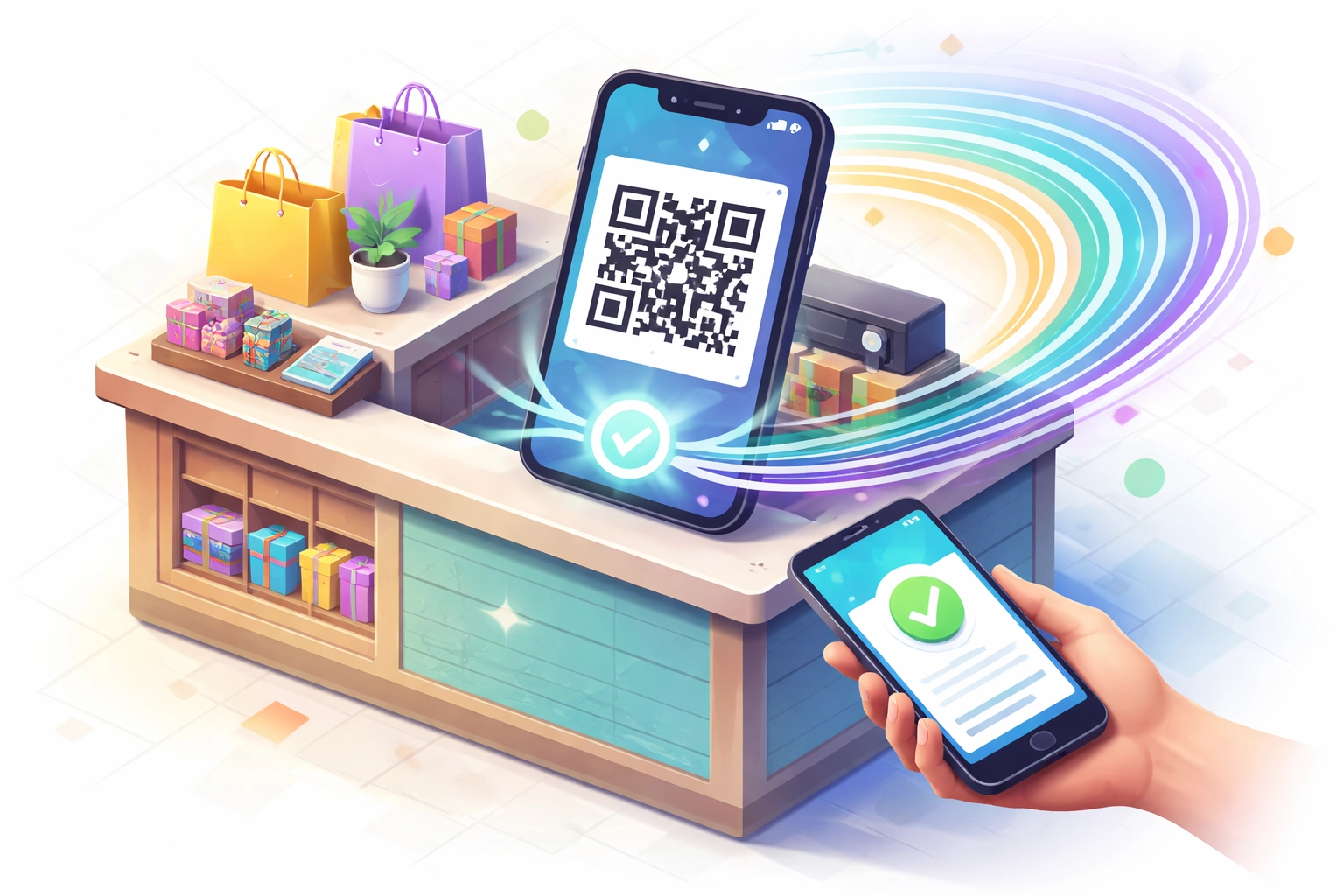 Shop counter with QR code payment demonstrating instant Larecoin POS transactions and crypto savings