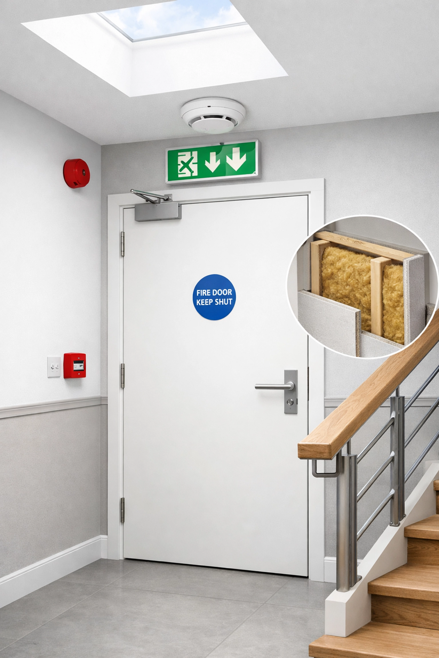 HMO fire safety features with compliant fire door and smoke detector in hallway