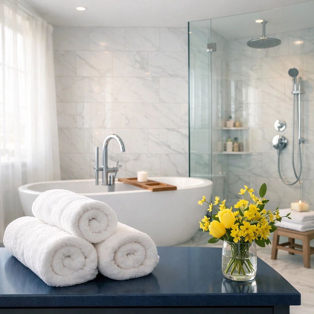 Pristine marble bathroom showing the mental wellness benefits of elite residential cleaning Massachusetts.