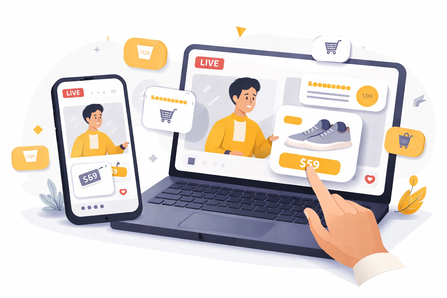 Live shopping platform displaying shoppable product tags during a webinar on mobile and desktop devices