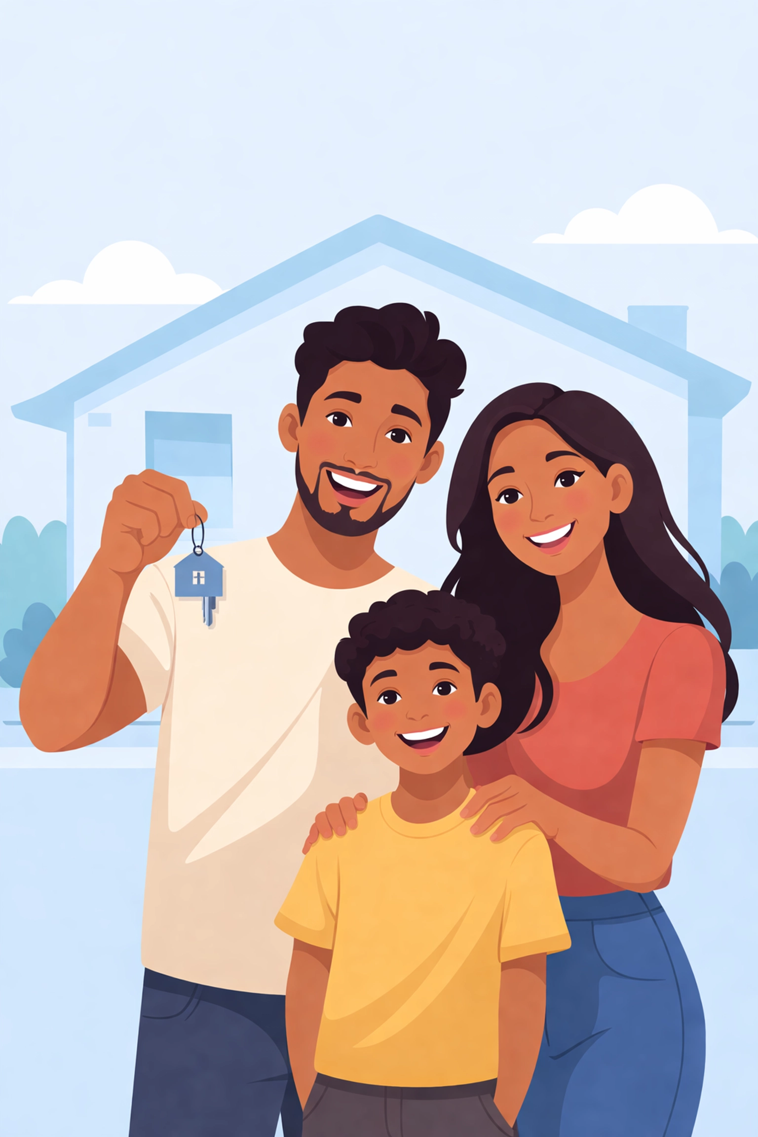 Familia latina sonriente con llaves frente a casa nueva, mejorando crédito para comprar vivienda