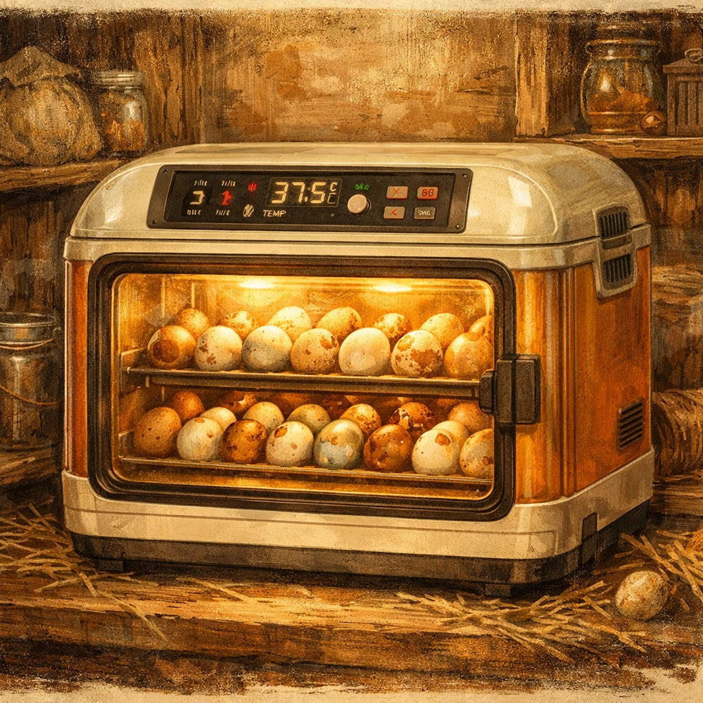 Egg incubator filled with colorful heritage breed hatching eggs at family farm