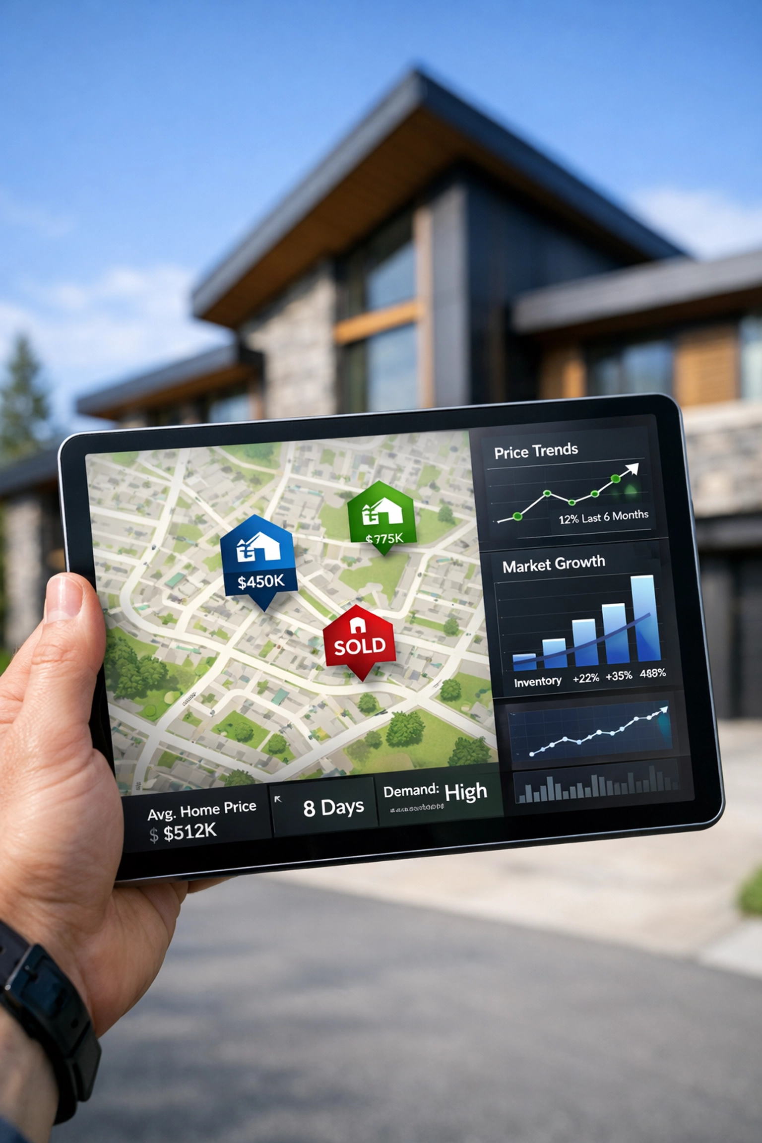 Real estate expert analyzing market data on a tablet for a Triangle and Triad selling strategy.