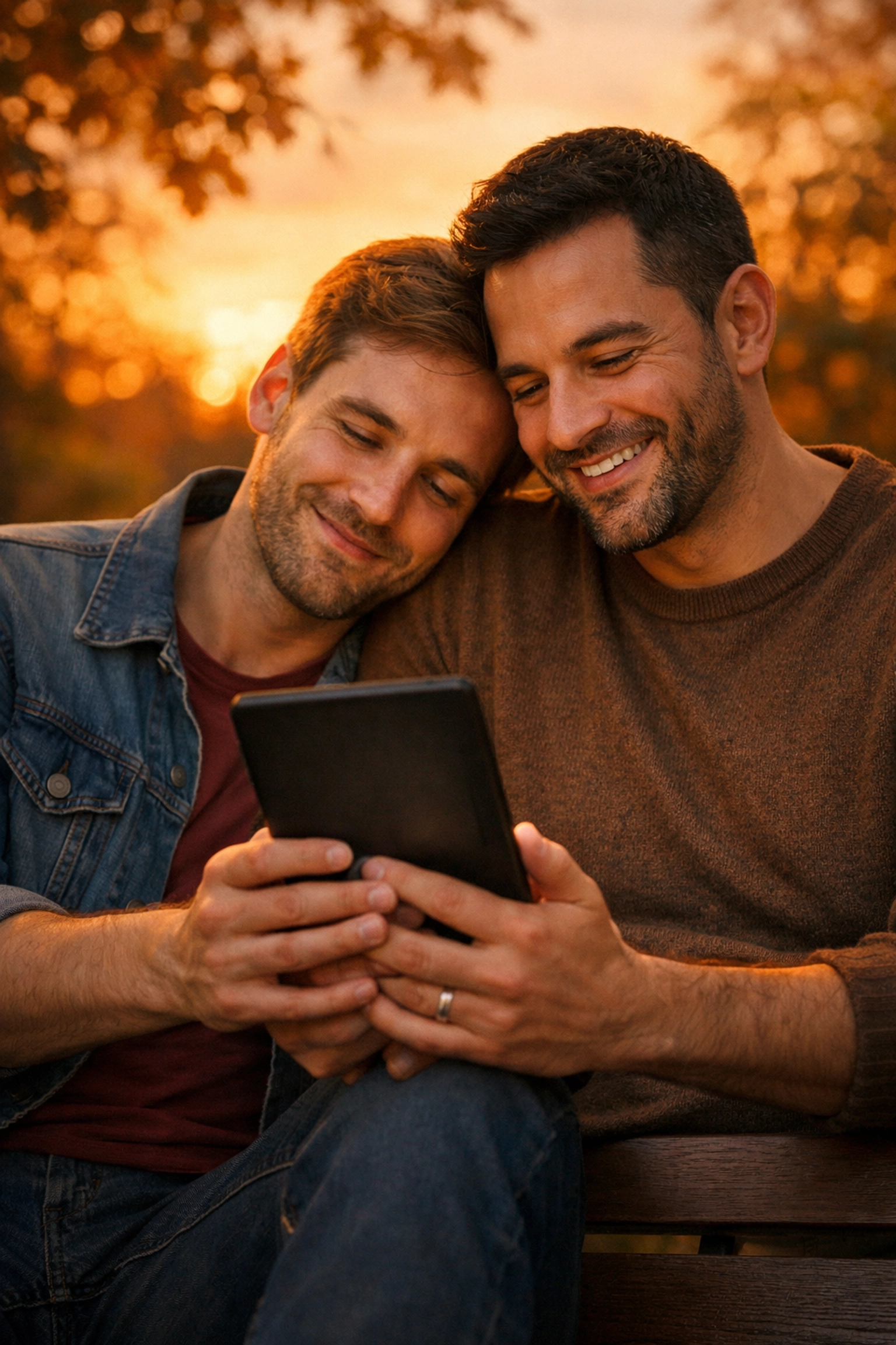 A happy gay couple reading a queer fiction novel together on a tablet, illustrating authentic reader connection.