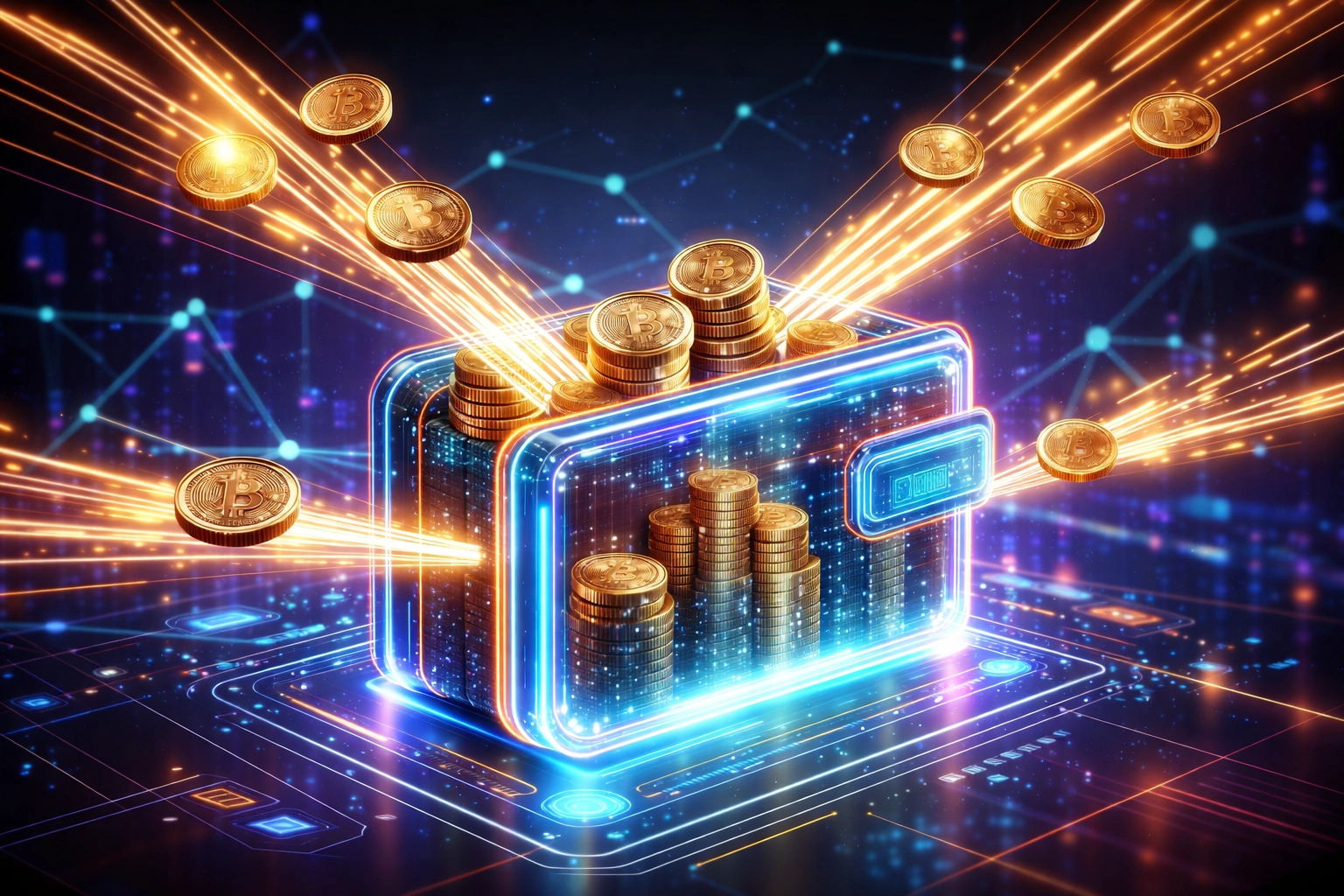 Digital wallet receiving cryptocurrency coins, illustrating self-custody merchant payments and global Web3 transactions.