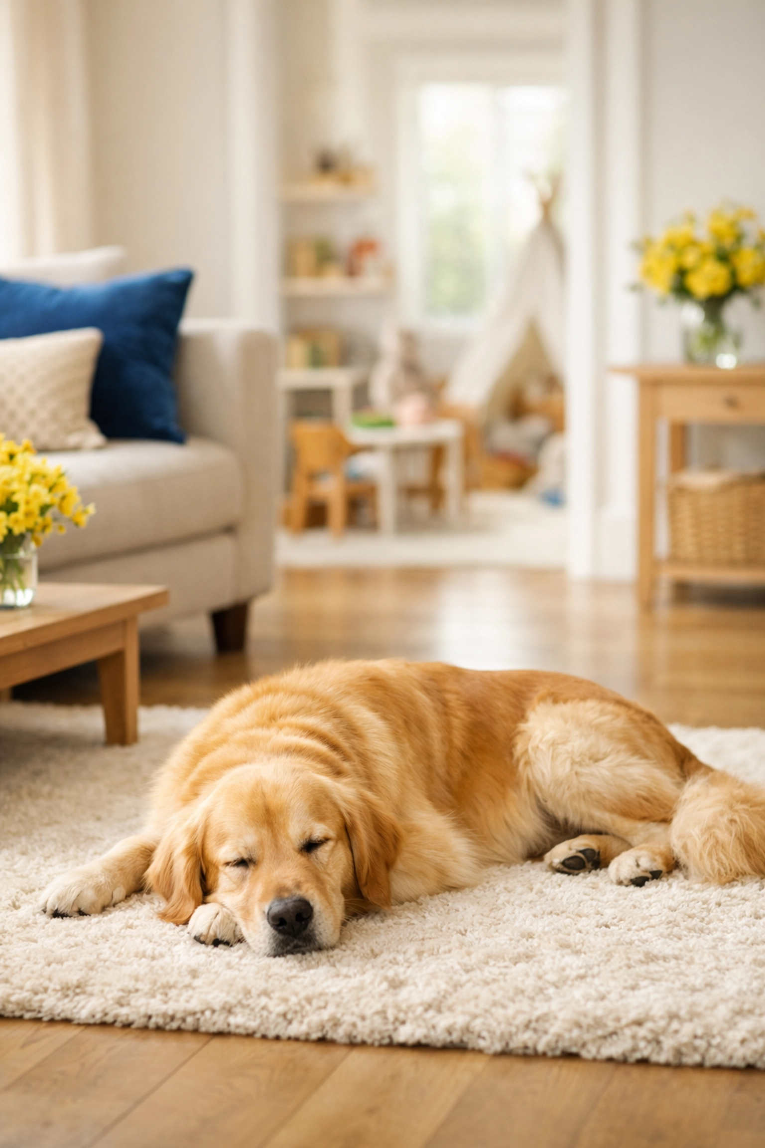 A Golden Retriever on a clean rug in a pet-safe, non-toxic Lunenburg home environment.