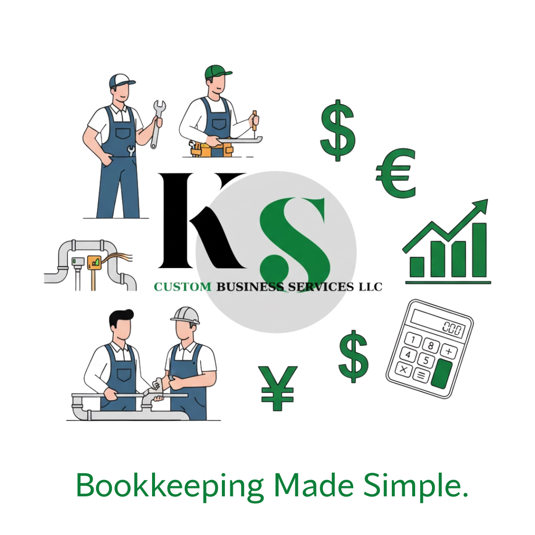 KS Custom Business Services LLC Bookkeeping Visual KS Custom Business Services LLC logo centered among illustrations of field service workers, plumbing and electrical systems, surrounded by financial symbols, a calculator, and a growth chart. The image highlights streamlined bookkeeping and financial management for service industry professionals. The text reads, 
