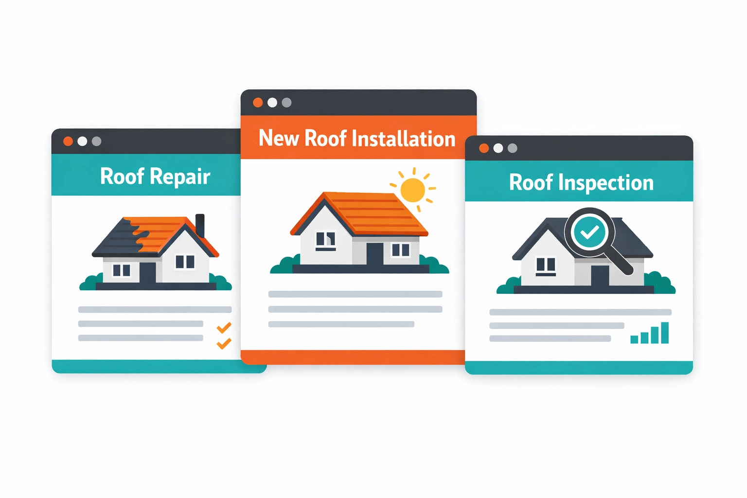 Multiple roofing service pages displayed showing website structure