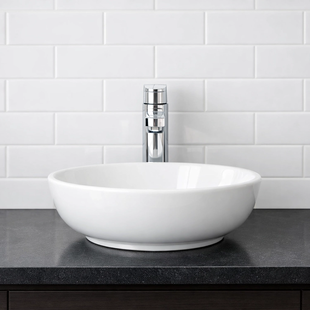 Professionally cleaned luxury bathroom vanity with sparkling chrome fixtures in a modern apartment.