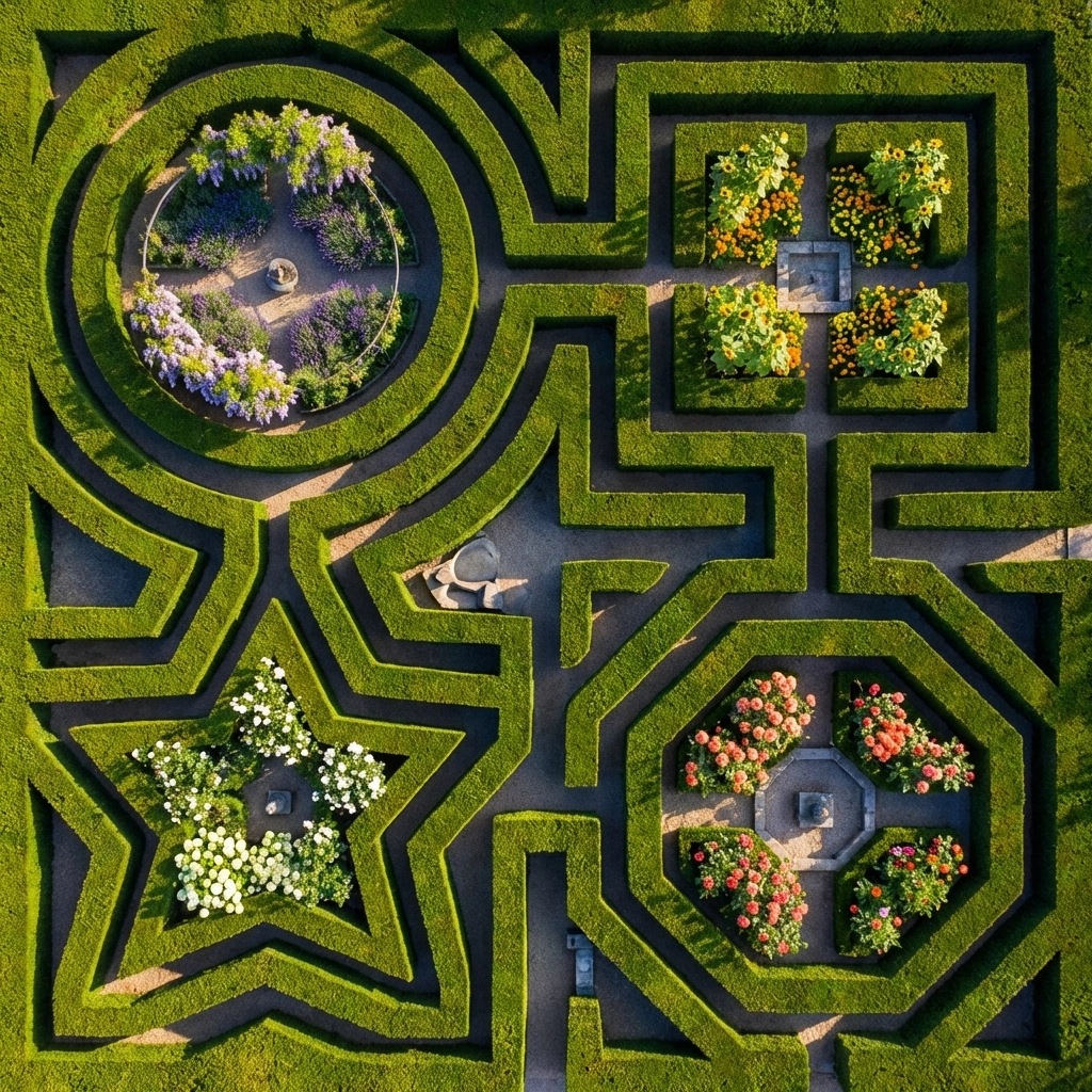 Aerial view of a hedge maze with multiple paths, symbolizing strategic diversification in investment portfolios.