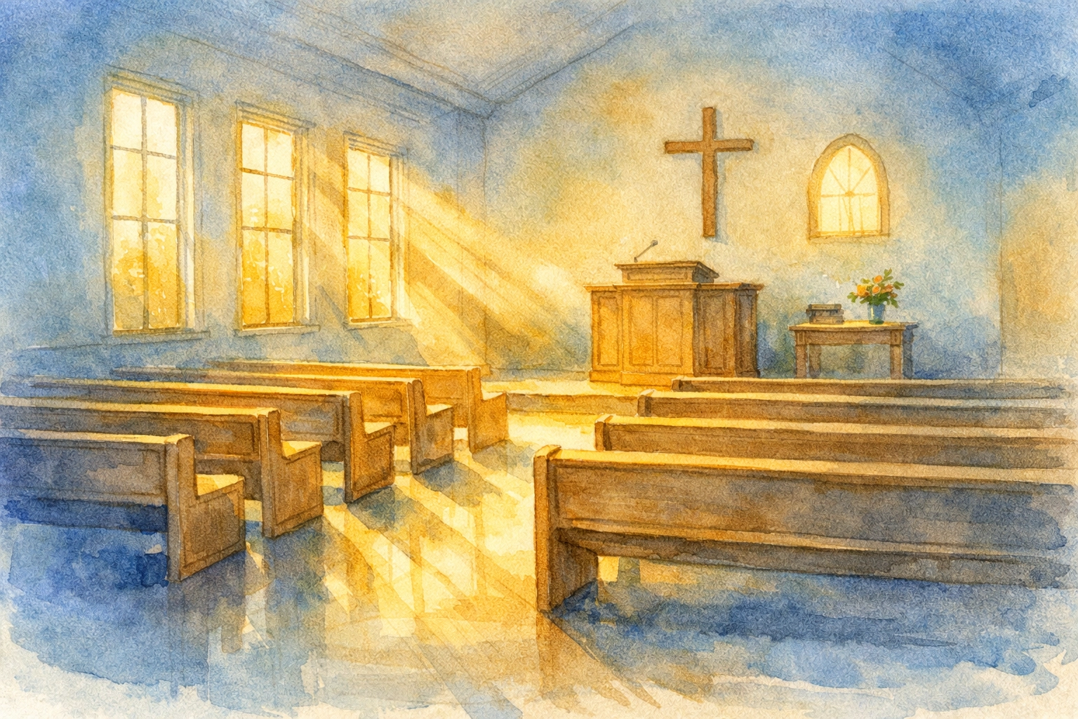 Empty church sanctuary bathed in morning sunlight before Sunday service begins