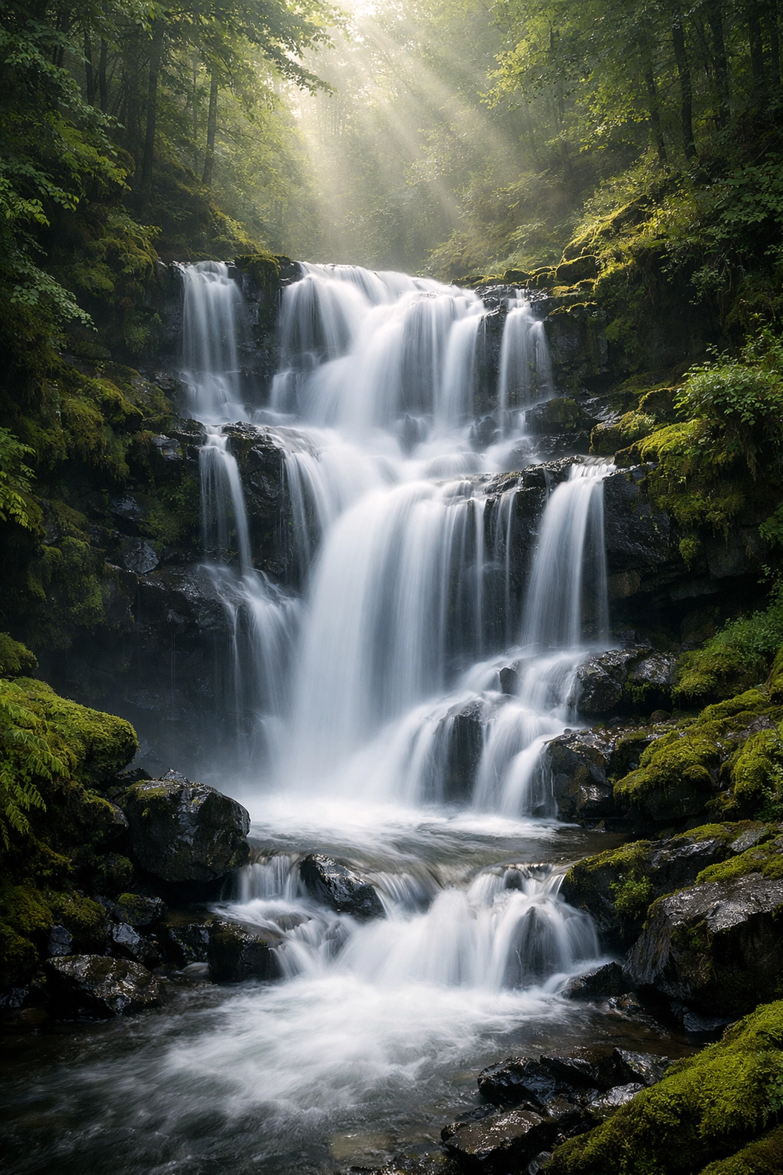 Long exposure waterfall in a green forest illustrating landscape photography tips for capturing water in motion.