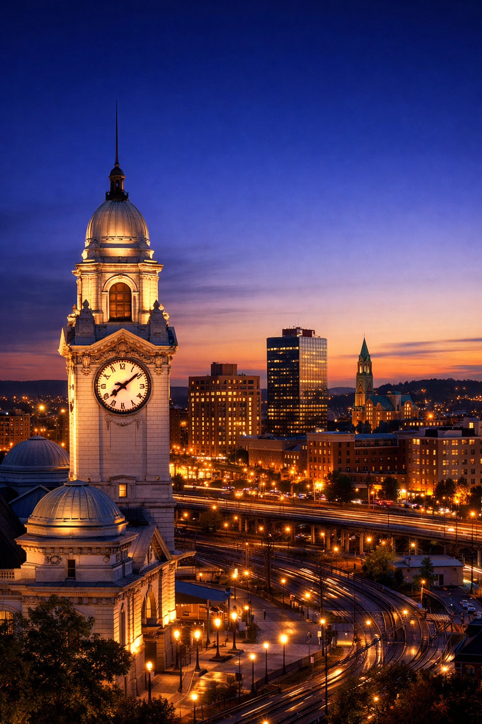 Twilight view of Union Station in Worcester MA, served by The Cleaning Ninjas professional house cleaning services.