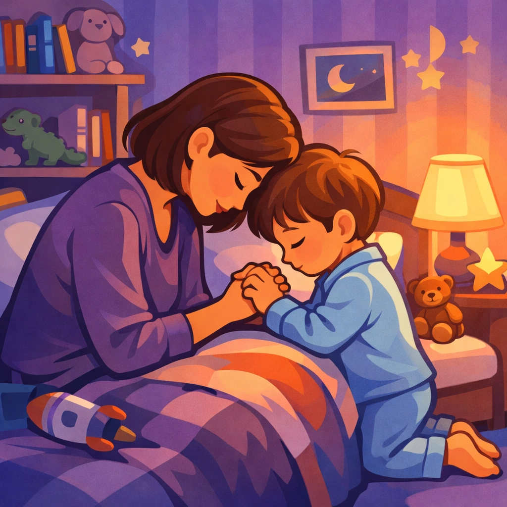 Parent and child praying together at bedtime nurturing spiritual connection and faith