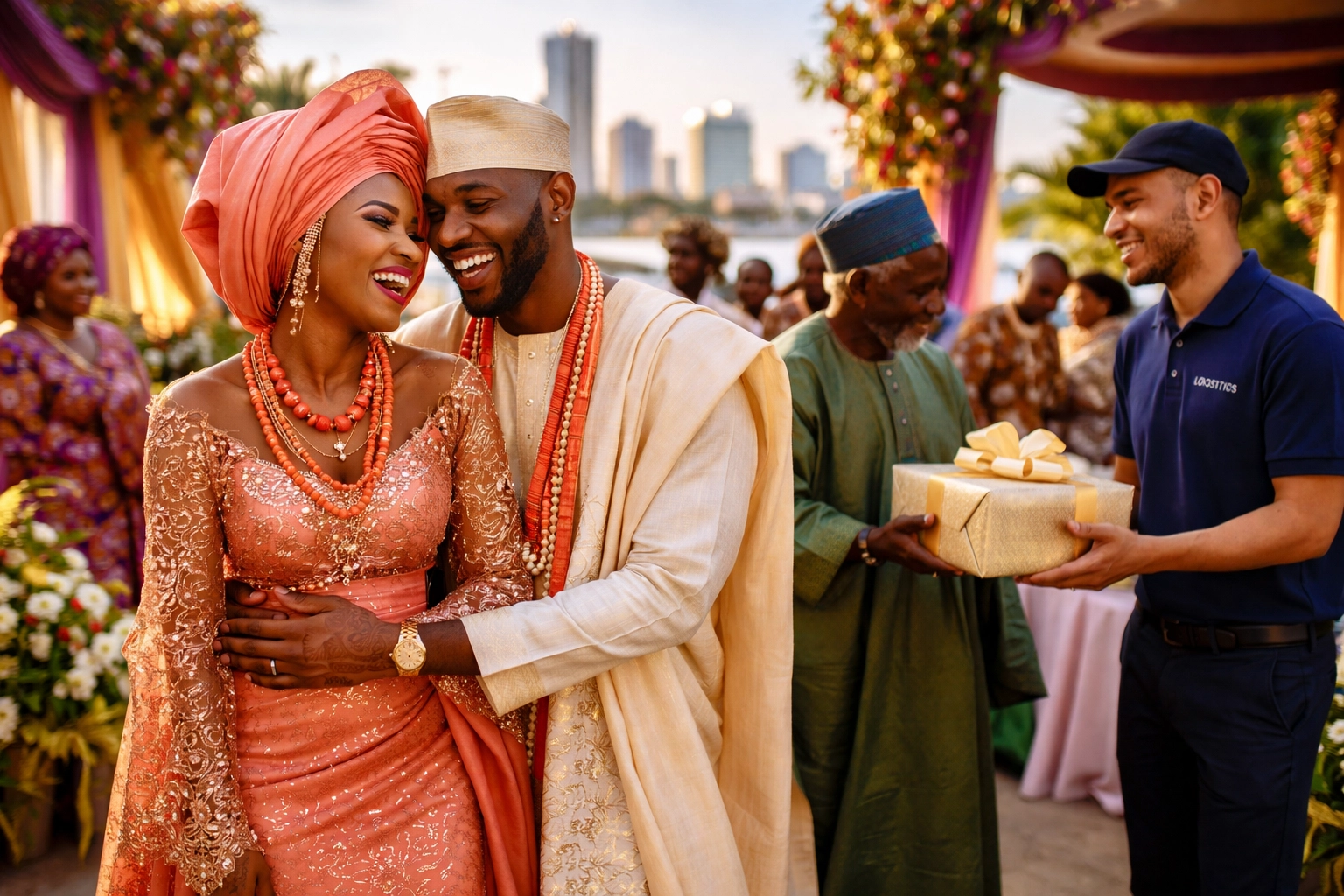 A PSI logistics rep delivers a wedding package to a happy Nigerian couple in Lagos, highlighting ocean freight reliability.