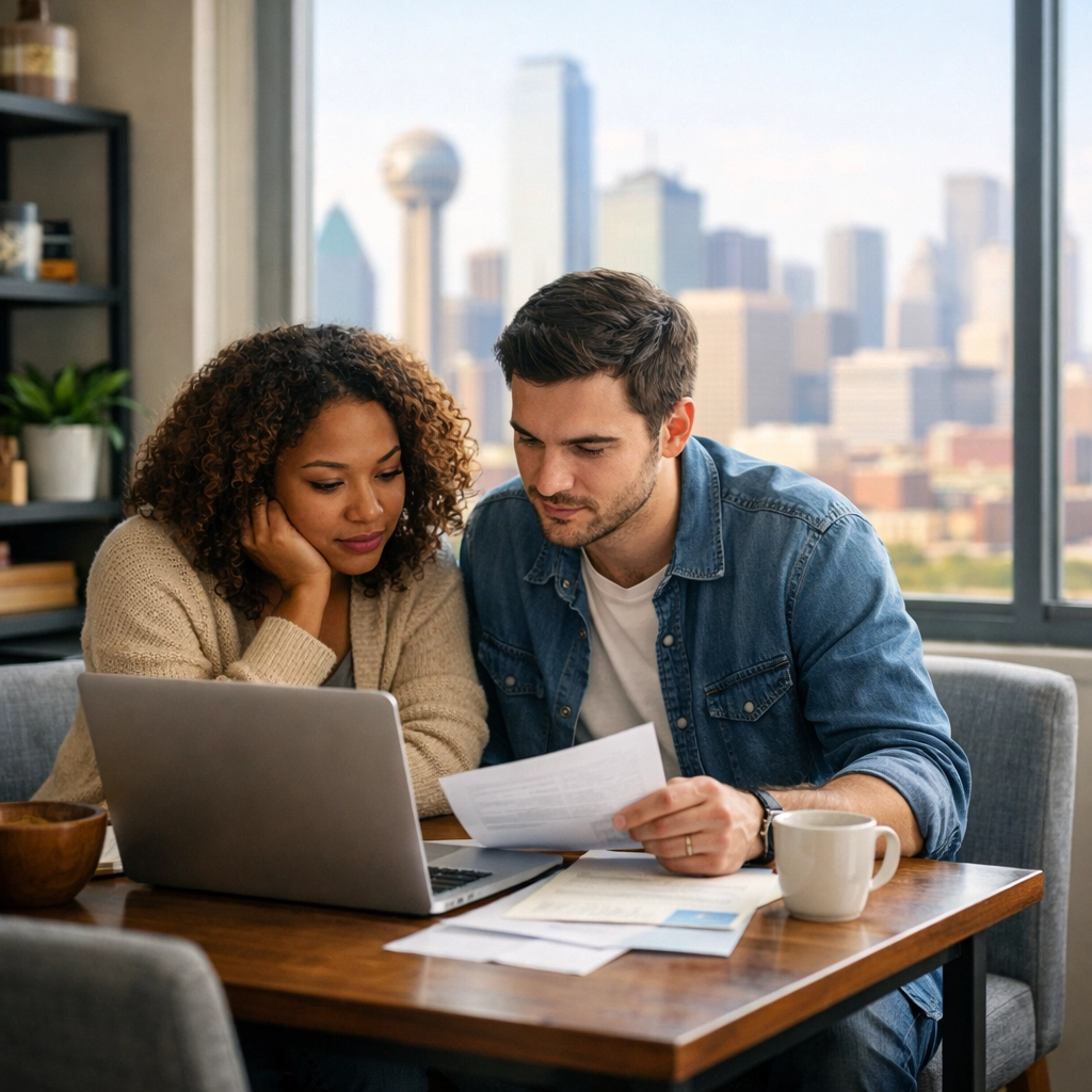 A young couple reviewing monthly expenses in a Dallas apartment with a view of the city skyline.