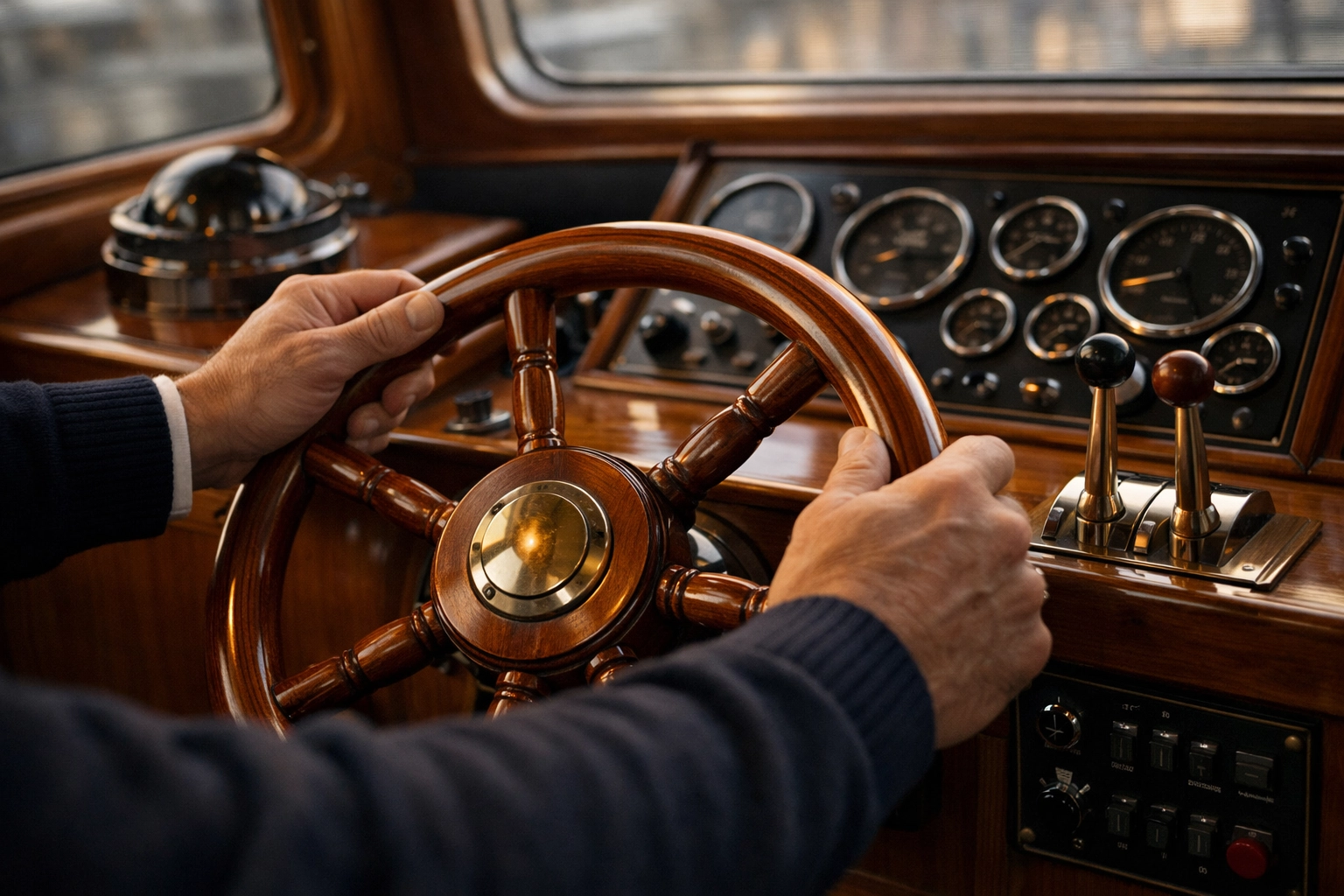 Steady hands gripping a classic wooden boat steering wheel in soft warm cabin light, symbolizing guidance and control | ALT: Selecting divorce lawyers in Fredericksburg VA means choosing a steady hand at the wheel