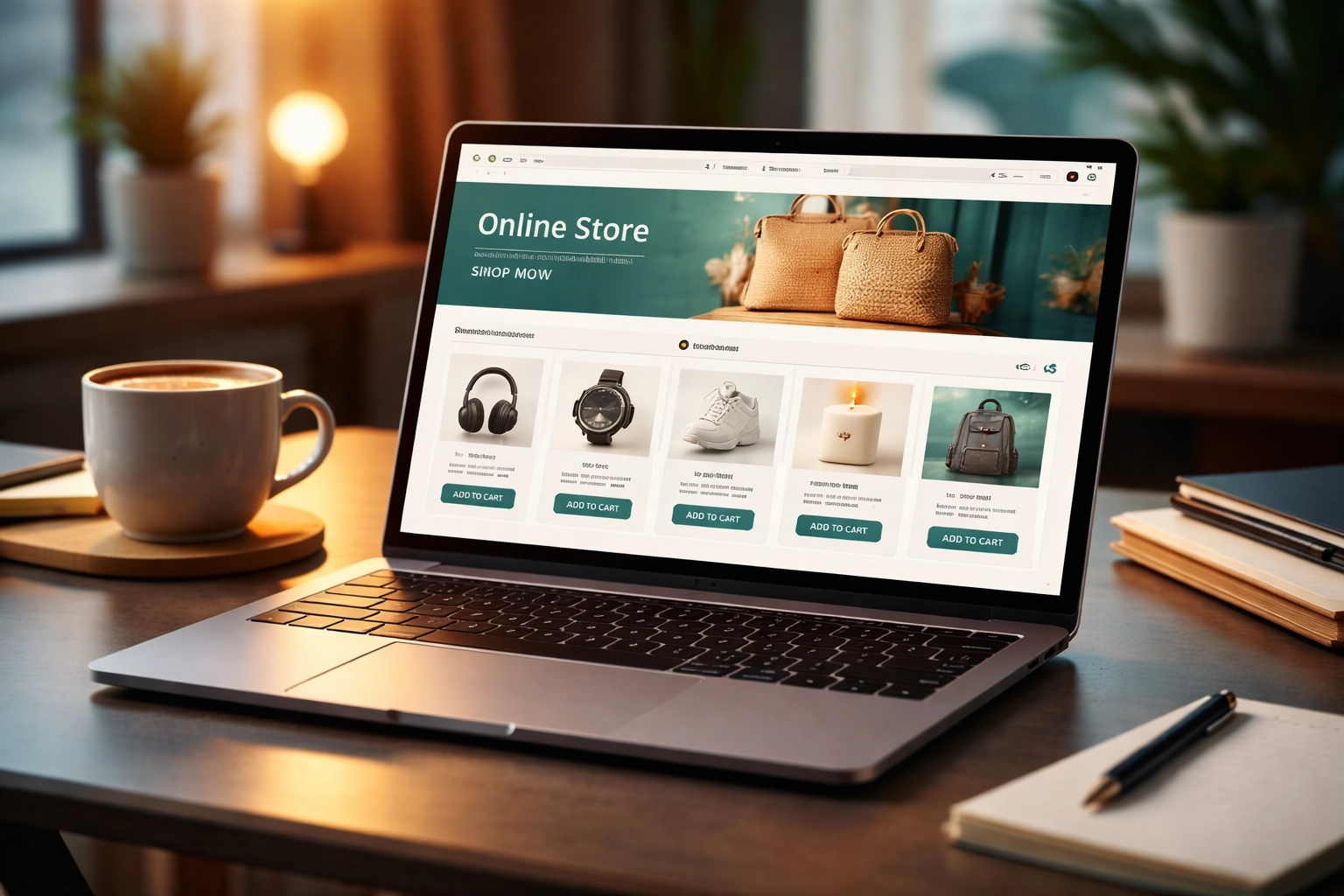 Photo of a laptop featuring a vibrant online store, showcasing Magento 2 growth using Google Ads on a modern workspace desk.