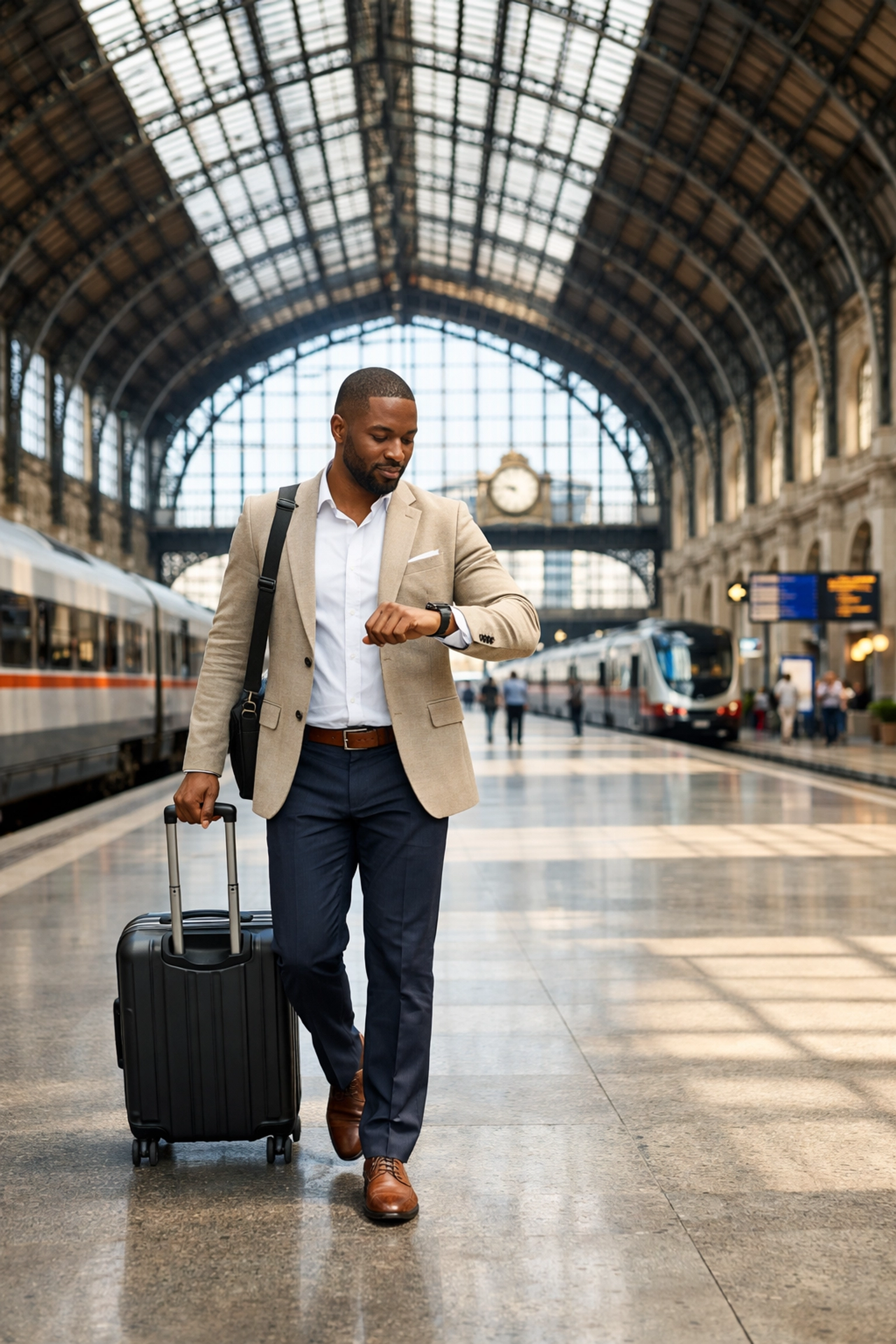 Traveler navigating a European train station with ease using a professionally refined travel itinerary.