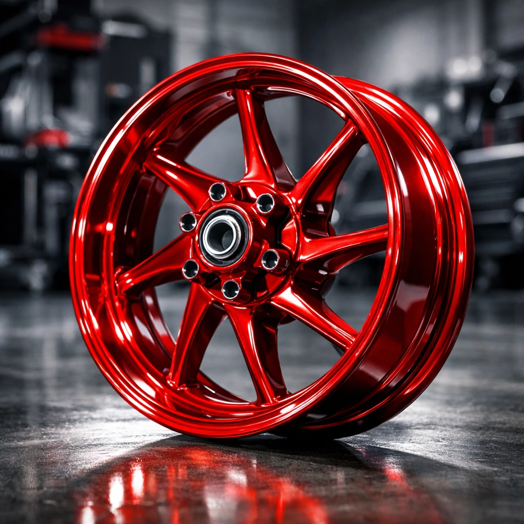 Professional powder coated motorcycle wheel in red finish at Santa Cruz shop