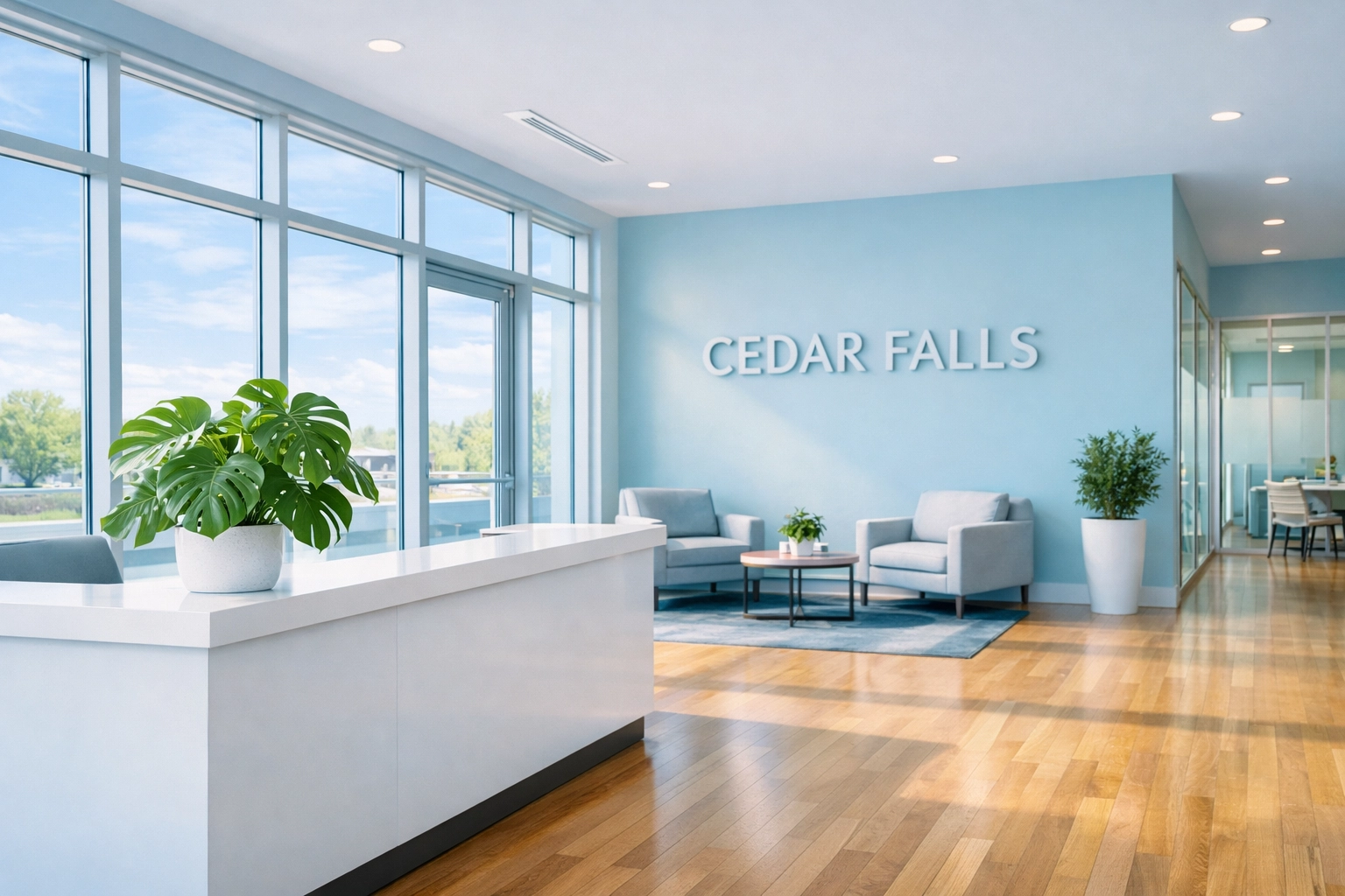 Pristine modern office reception area in Cedar Falls showing the impact of regular commercial cleaning.