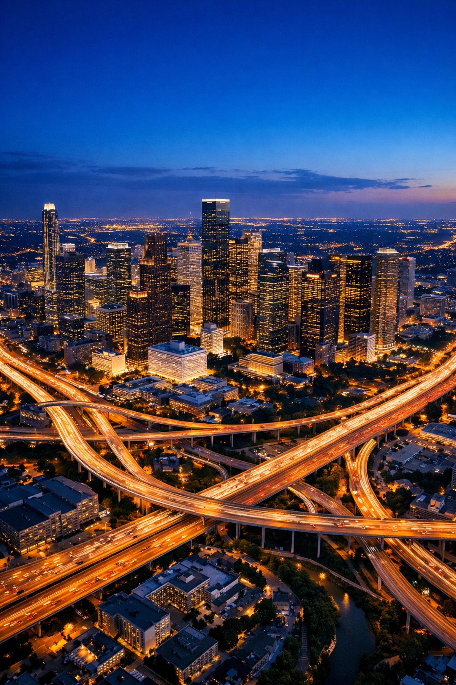 Aerial view of Houston office space for lease and major highways near central business districts.