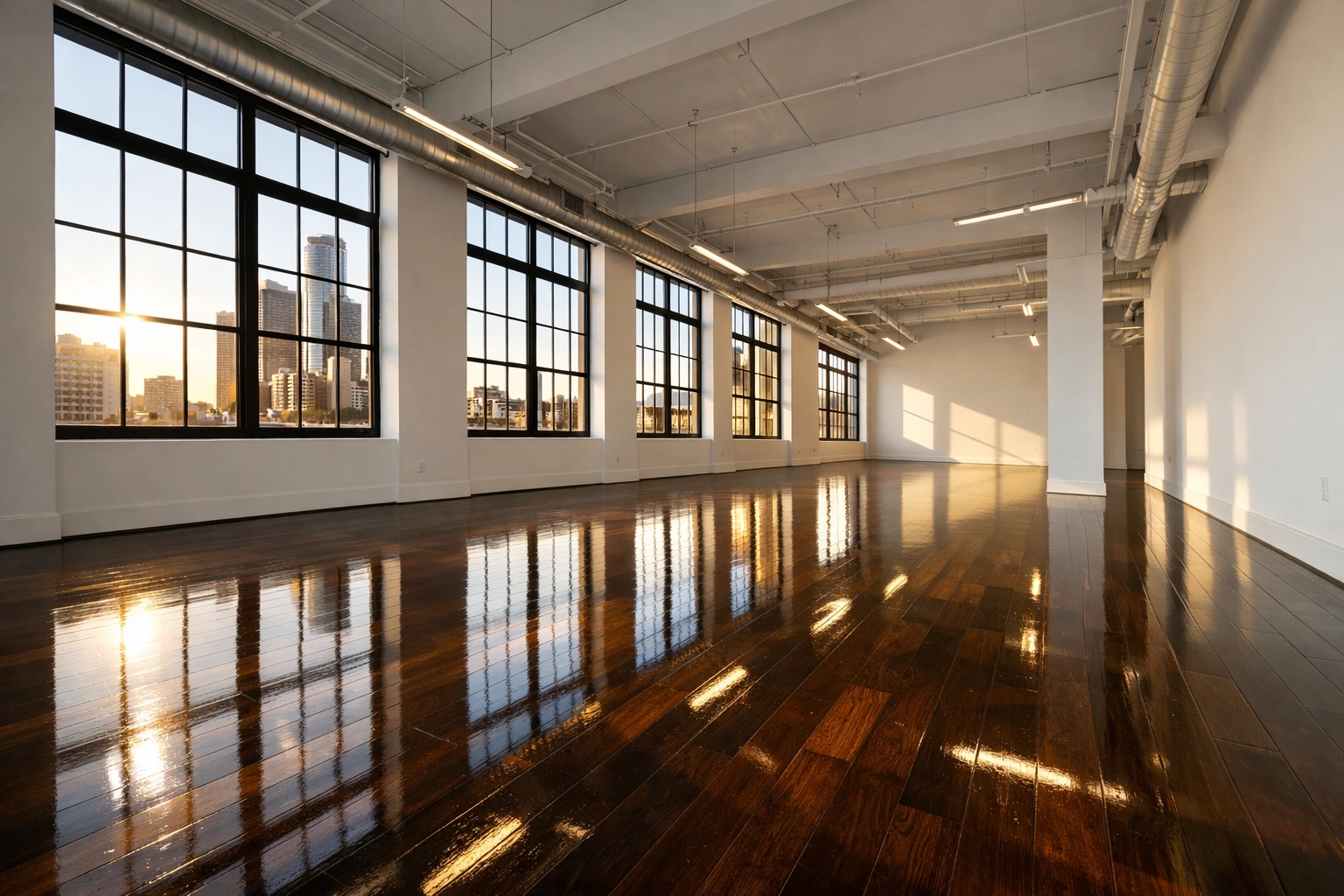 Deep cleaned vacant Detroit office space with polished hardwood floors ready for property turnover.