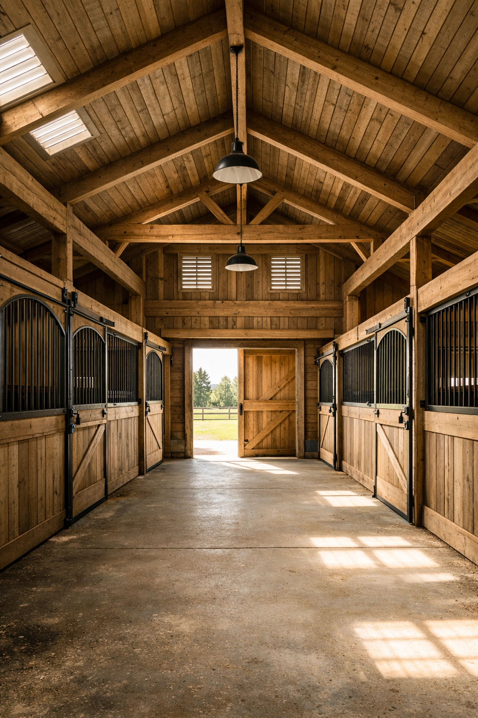 Functional horse barn interior with proper ventilation and safe stall construction