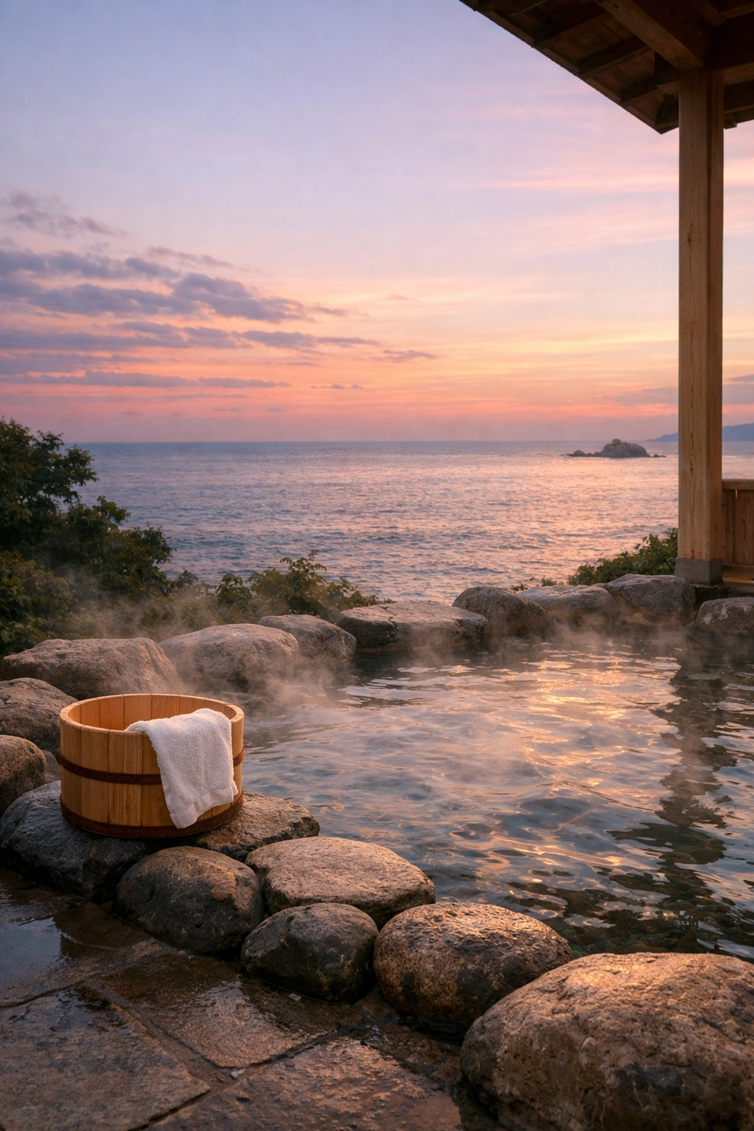 Traditional Japanese onsen hot spring overlooking Pacific Ocean at dusk