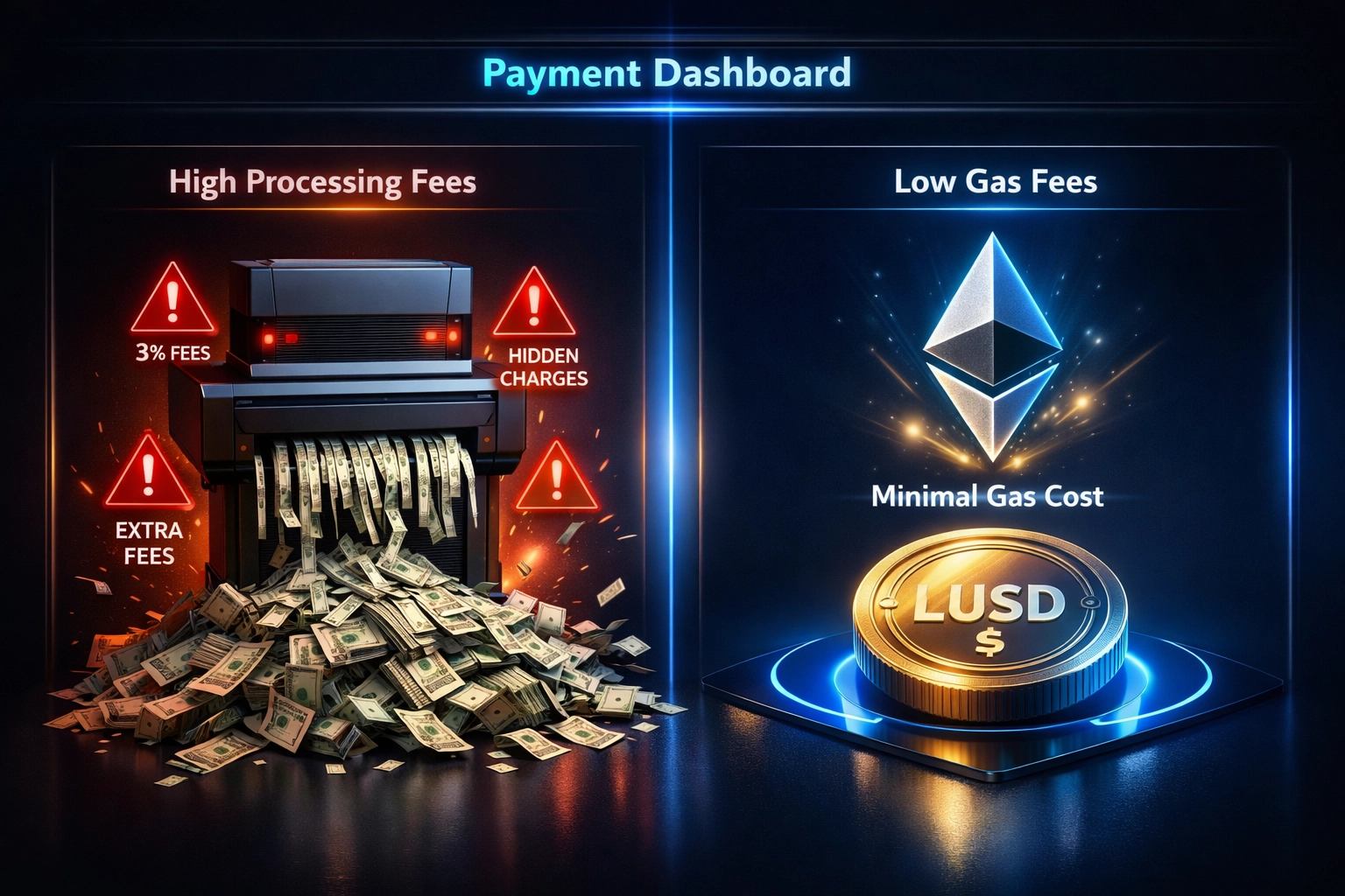 LUSD gas-only fees compared to traditional payment processor percentage-based charges
