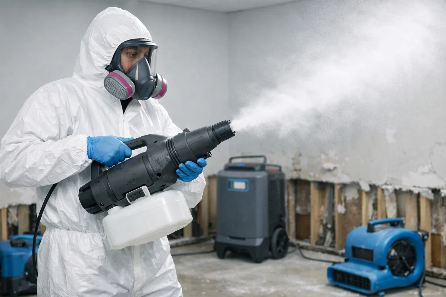 Water damage restoration professional sanitizing room with commercial disinfection equipment