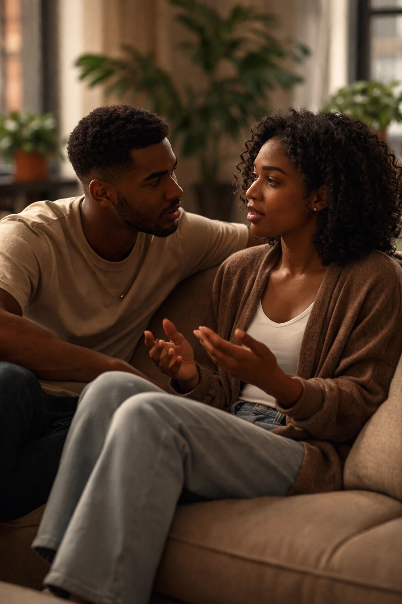 Black couple having an open, heartfelt conversation at home, representing vulnerability and healthy communication.