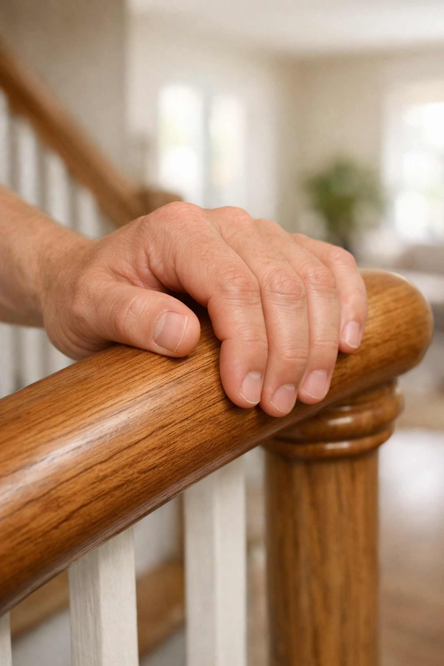 Close-up of a hand checking a sturdy round wooden handrail to ensure a secure grip for home fall prevention.