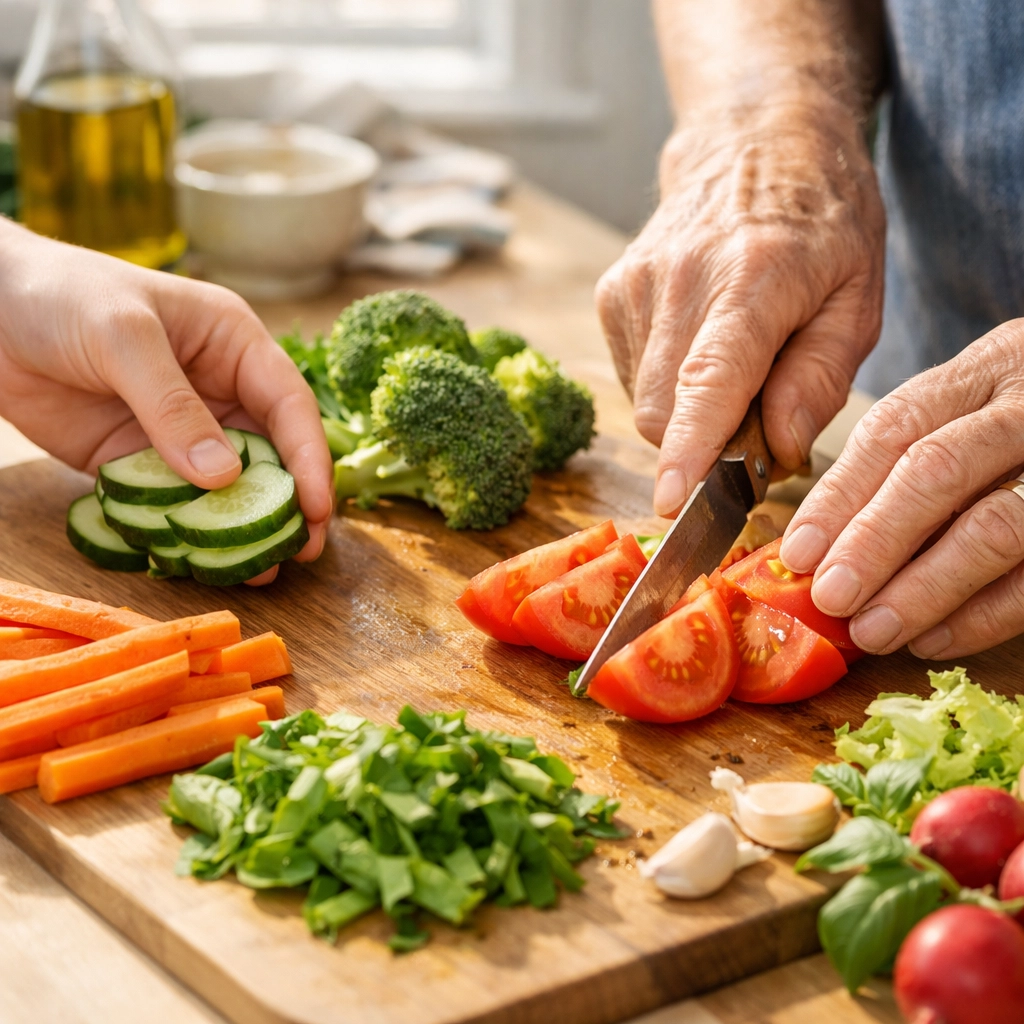 A carer helping an elderly person prepare fresh vegetables for a healthy meal at home.