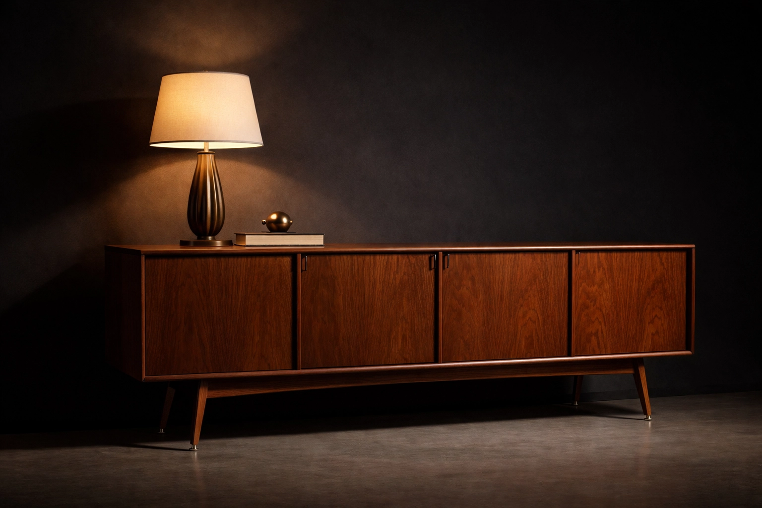 Mid-century modern credenza with brass lamp showcased as a valuable auction item in a Columbus home estate cleanout