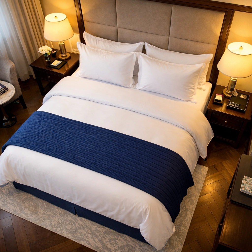 Perfectly made luxury hotel bed with crisp white linens after a professional turnover service.