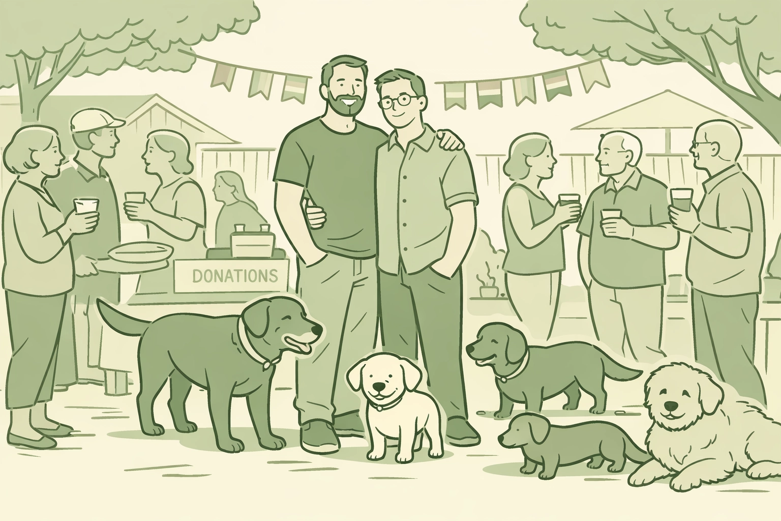 LGBTQ+ community fundraiser supporting senior dog rescue with rainbow flags