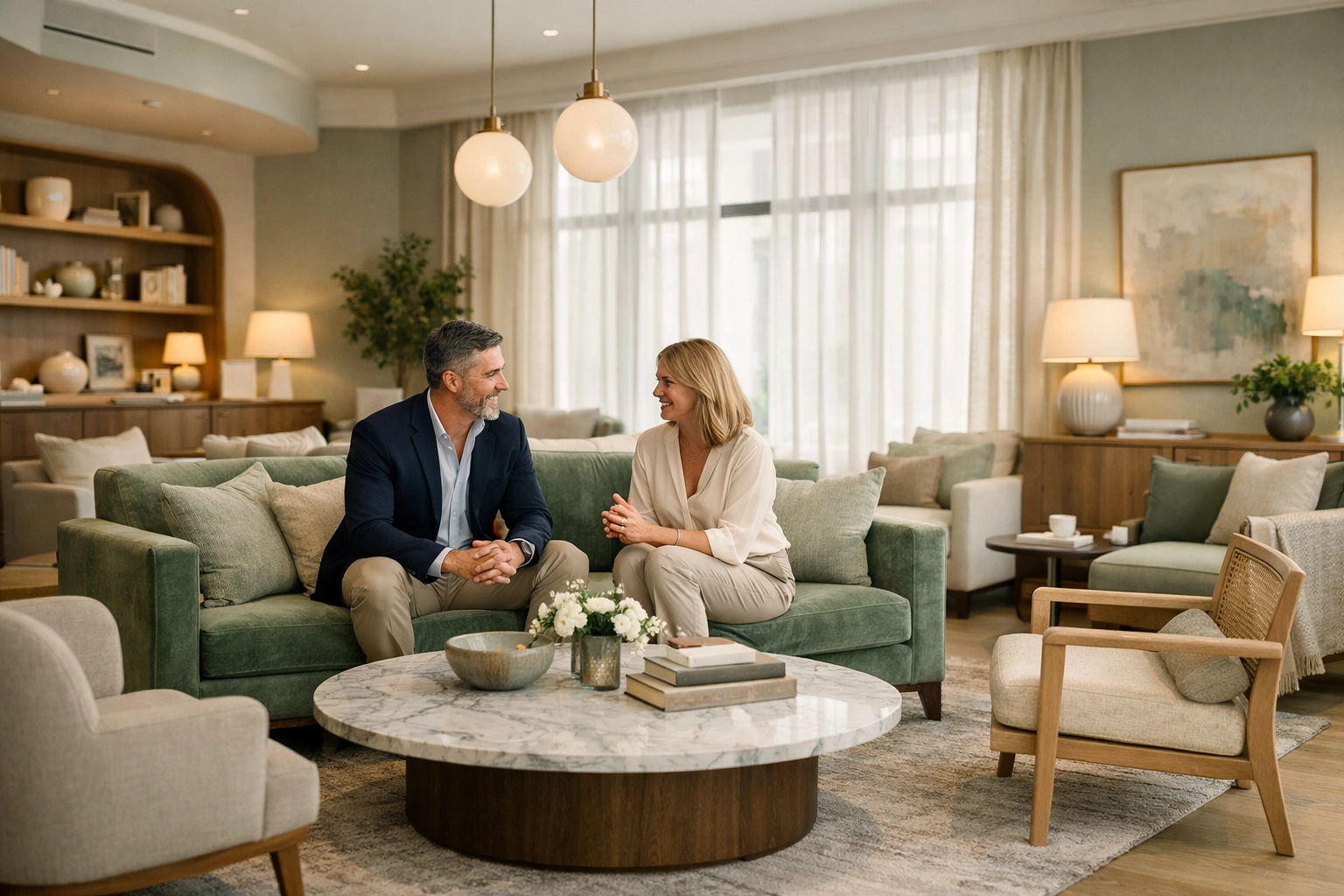 Modern hotel lobby without a reception desk, fostering personal connections between staff and guests.