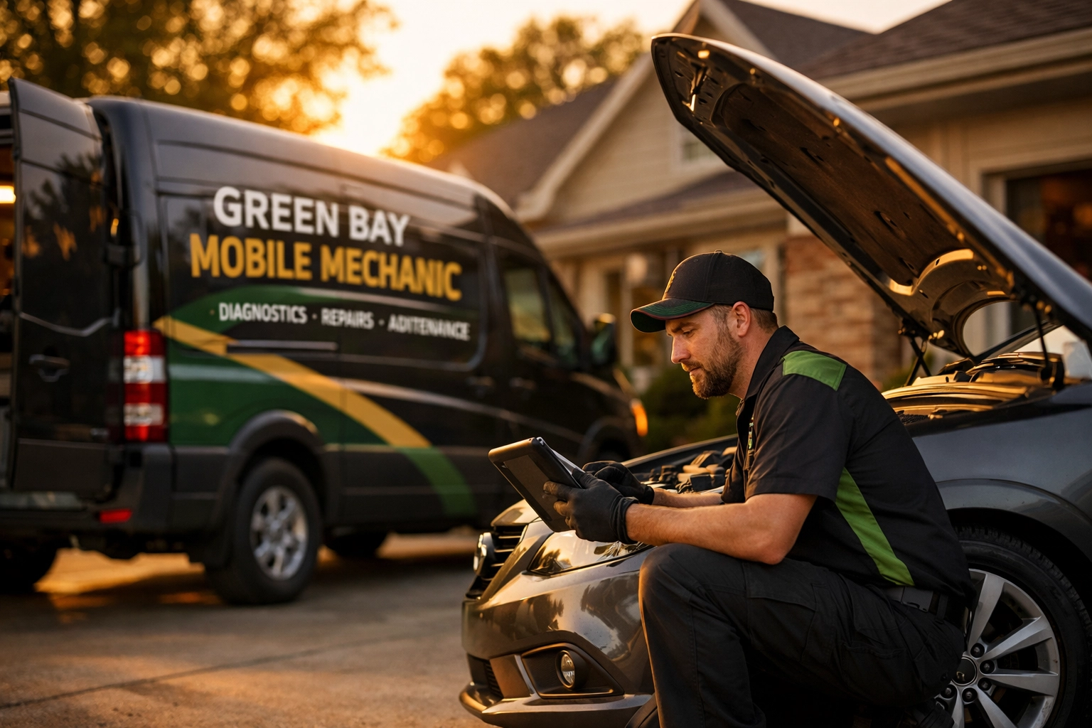 Mobile mechanic servicing sedan in Green Bay residential driveway with diagnostic equipment