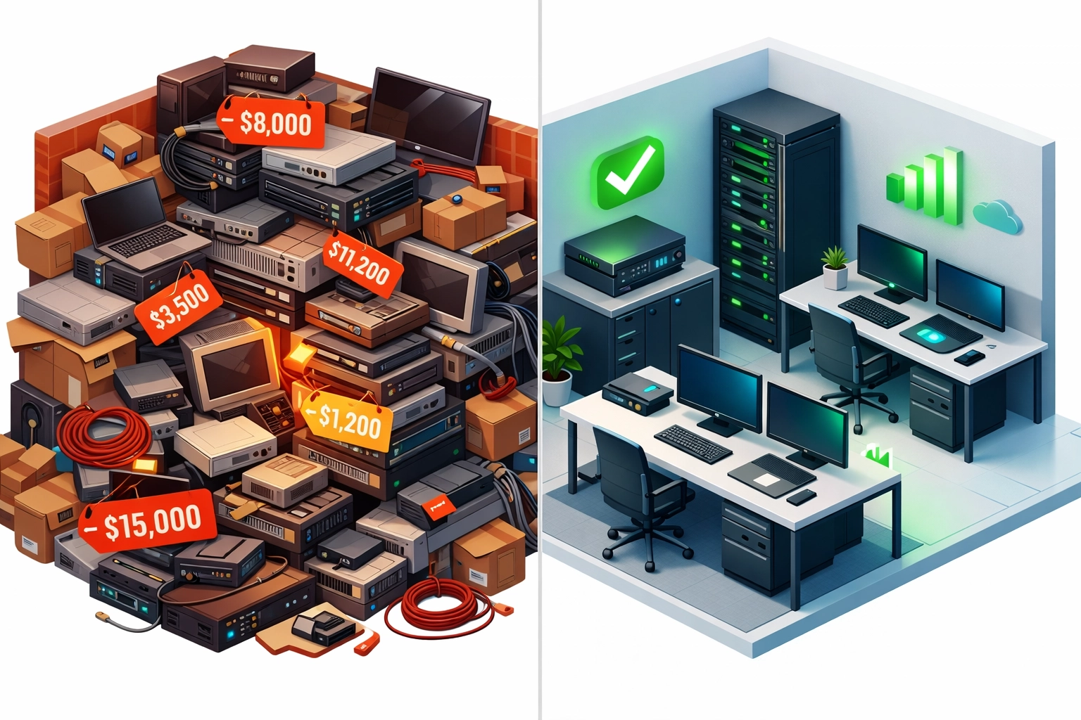 Comparison of inefficient IT asset management versus optimized ITOM and ITAM integration