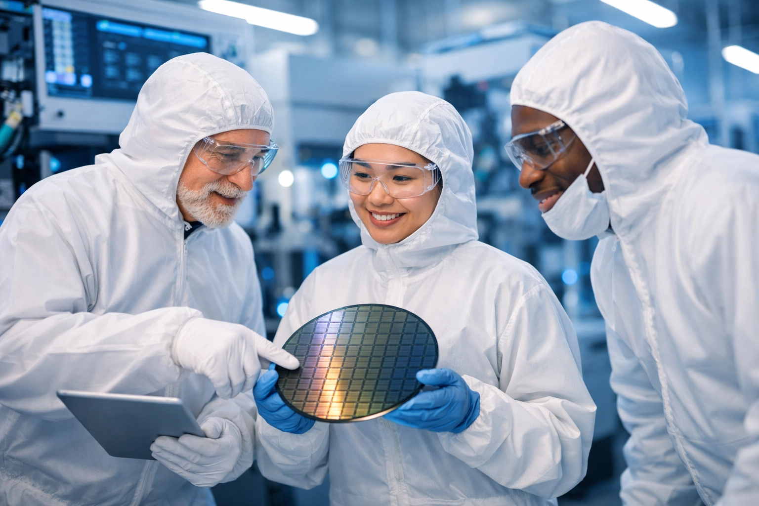 Veterans and technicians working in semiconductor cleanroom at Amkor Technology facility in Peoria Arizona