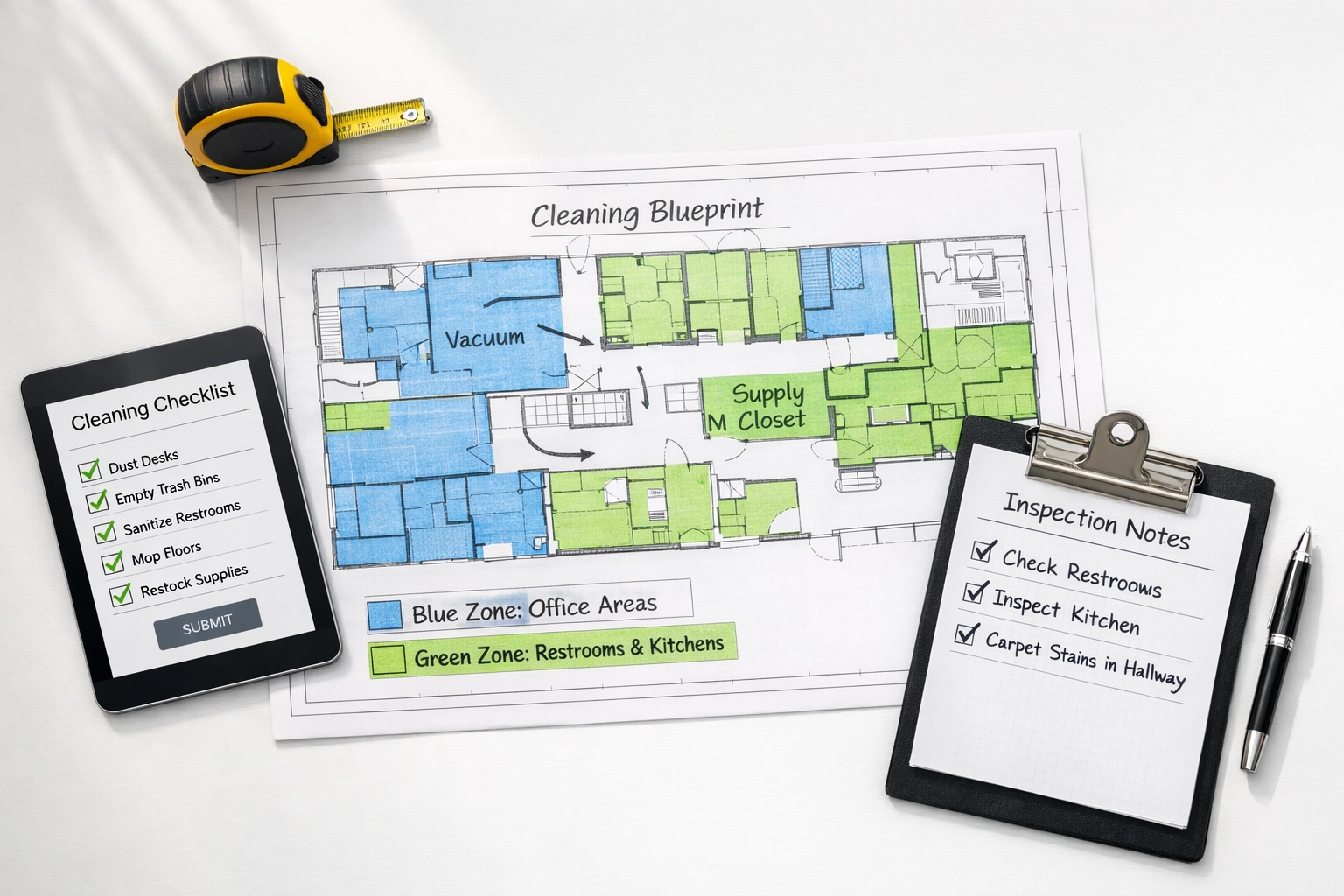 Custom cleaning blueprint with color-coded facility zones and inspection checklist
