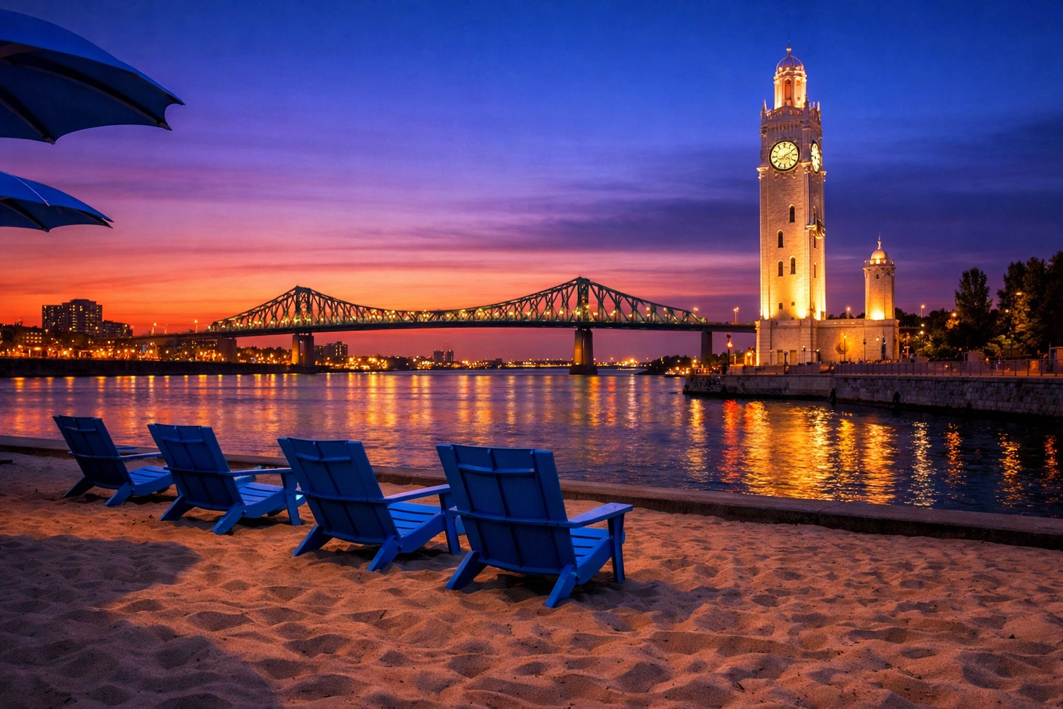 Sunset view of the Montreal Clock Tower and Jacques Cartier Bridge from the Old Port beach area.