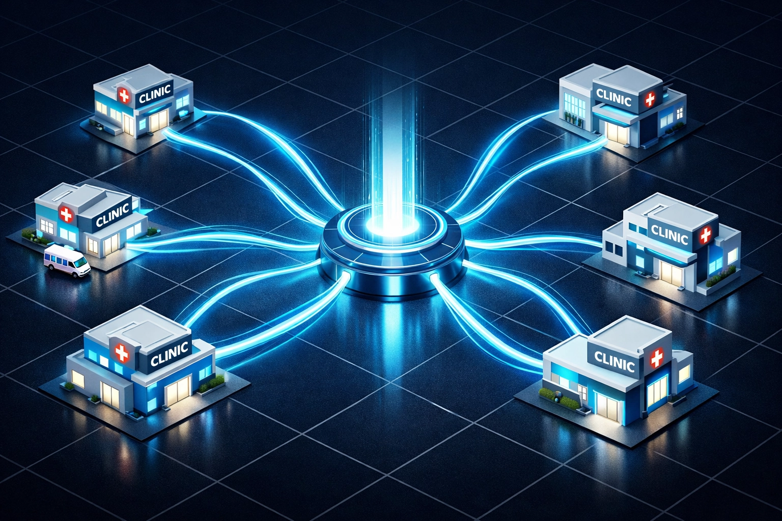 A network of healthcare clinics connected by automated digital data streams for unified local SEO.