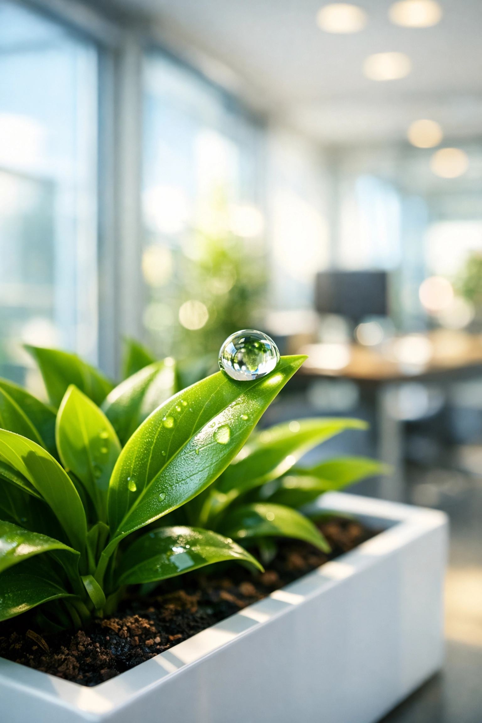 Macro detail of a clean office plant leaf, symbolizing high-quality janitorial standards.