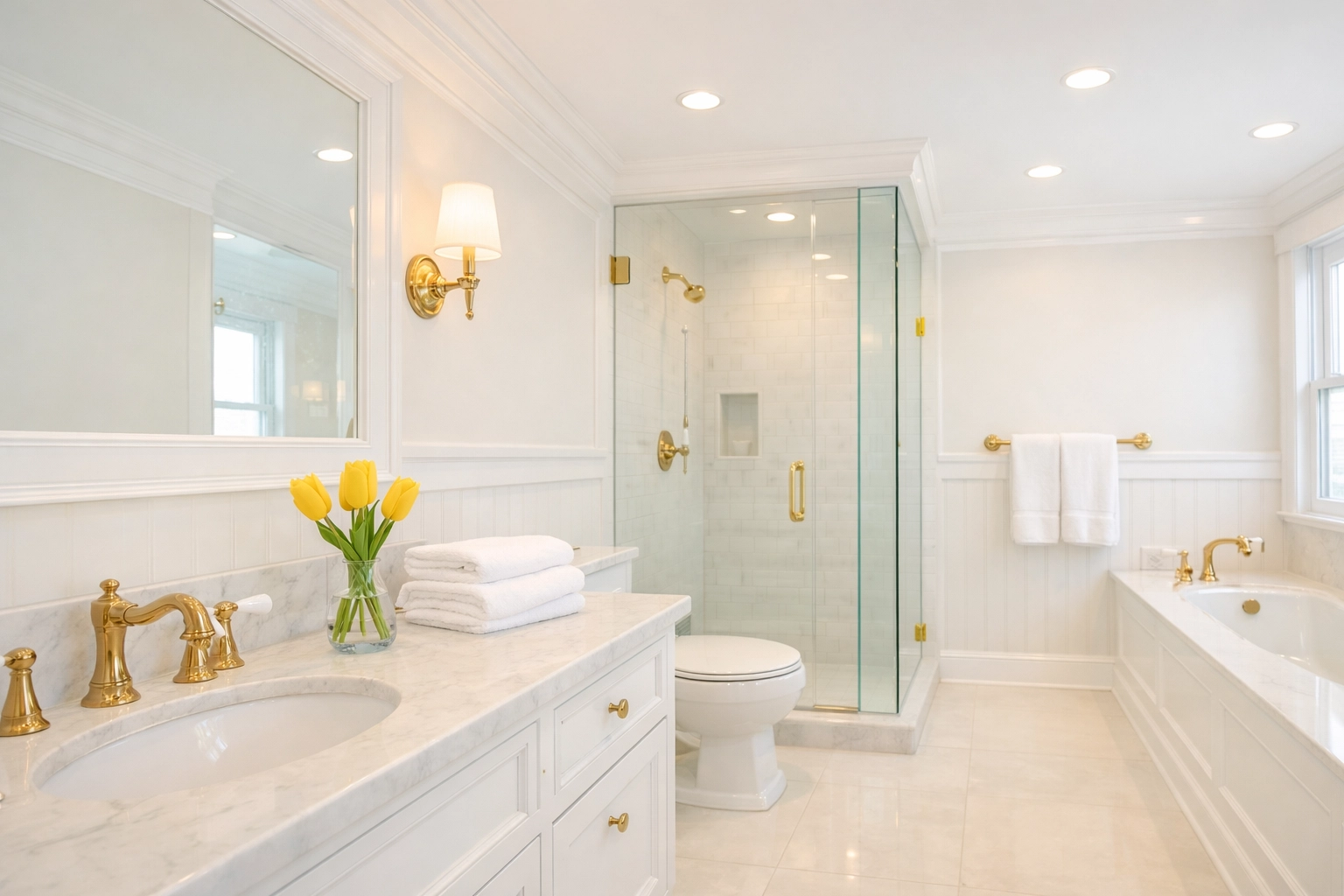 Freshly sanitized bathroom in Lancaster featuring clean tile floors and bright New England style wainscoting.